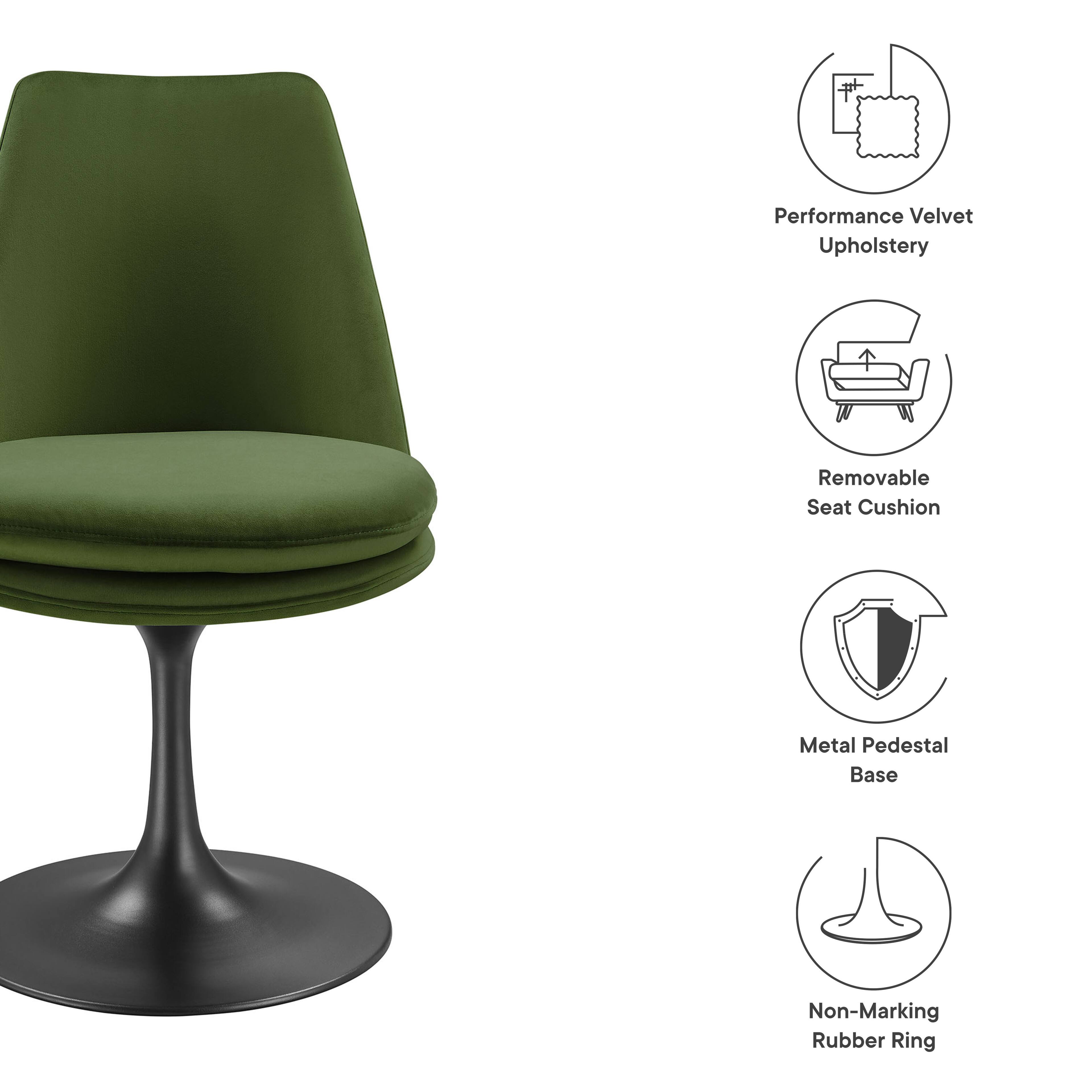 - Performance Velvet Upholstery
- Removable Seat Cushion
- Metal Pedestal Base
- Non-Marking Rubber Ring