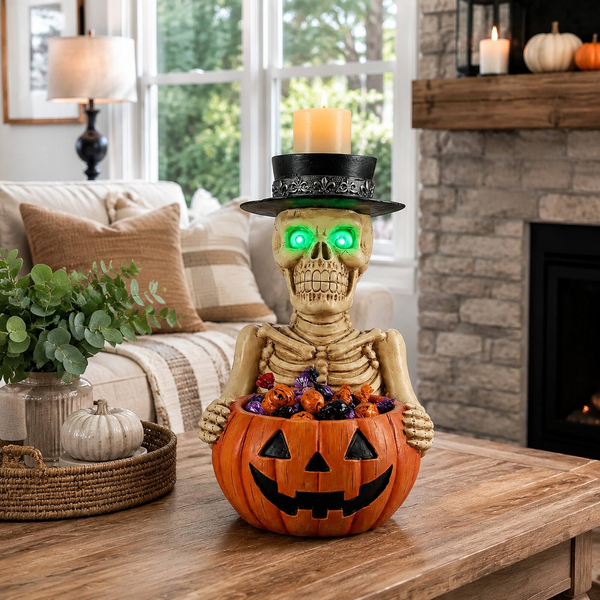 Back. RYHNUYNE - Spooky Halloween Skeleton Figurine with LED Glowing Eyes, Pumpkin Candy Bowl, and Top Hat Candle Holder - White.