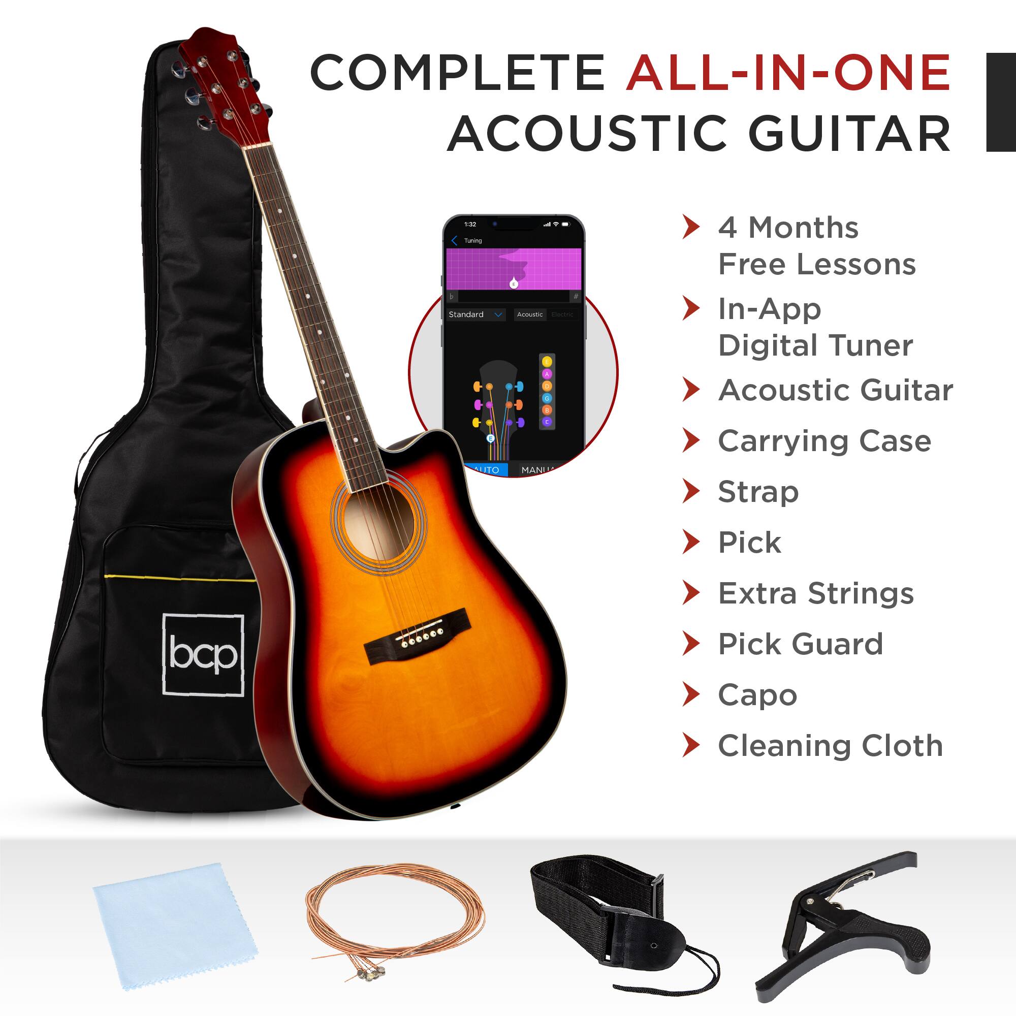 COMPLETE ALL-IN-ONE ACOUSTIC GUITAR

- 4 Months Free Lessons
- In-App Digital Tuner
- Acoustic Guitar
- Carrying Case
- Strap
- Pick
- Extra Strings
- Pick Guard
- Capo
- Cleaning Cloth