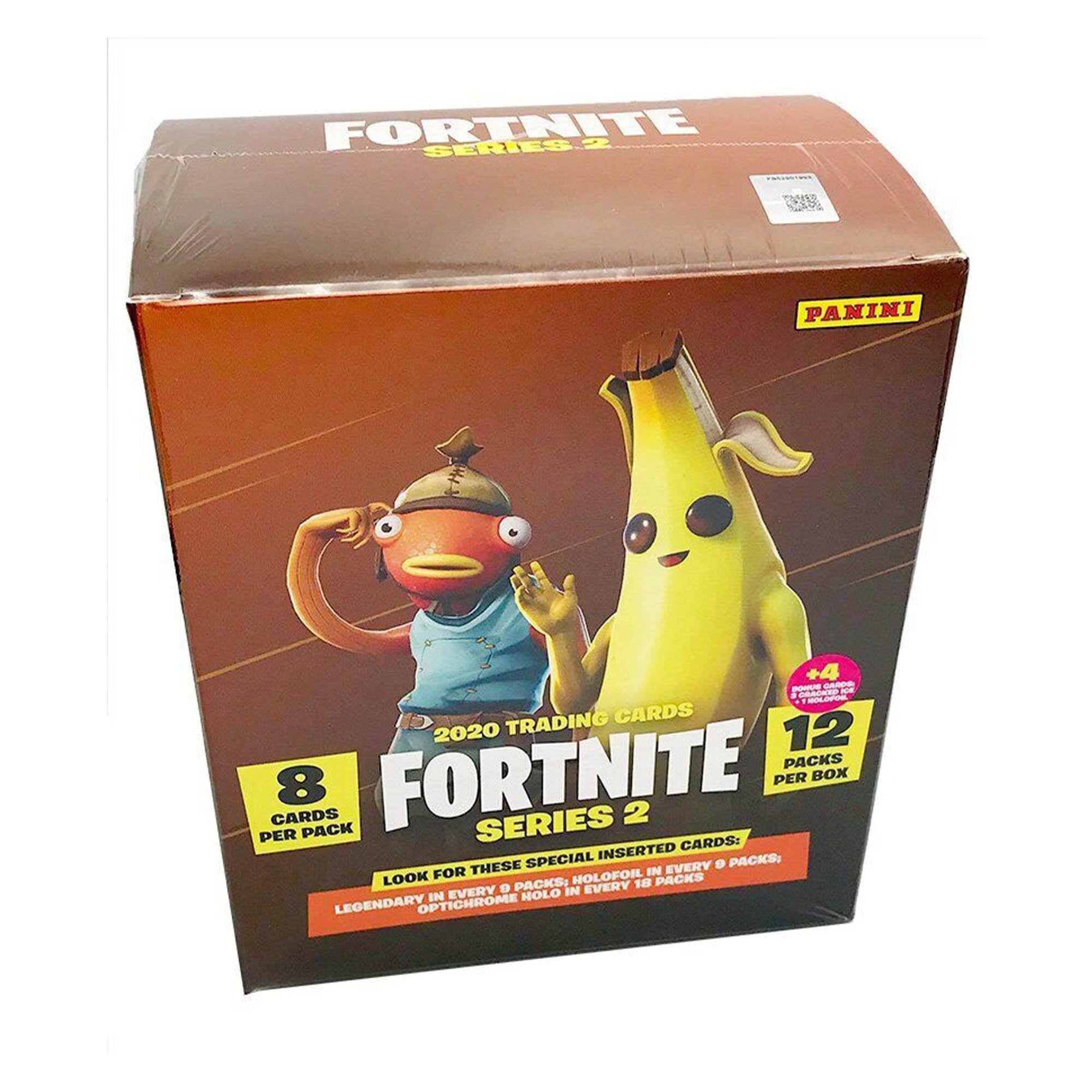 FORTNITE SERIES 2  
2020 TRADING CARDS  
PANINI  

12 PACKS PER BOX  
8 CARDS PER PACK  

SPECIAL INSERTED CARDS:  
LOOK FOR THESE SPECIAL INSERTED CARDS:  
- HOLOFOIL IN EVERY 6 PACKS  
- LEGENDARY IN EVERY 18 PACKS  

+4  
12 PACKS PER BOX  

PANINI