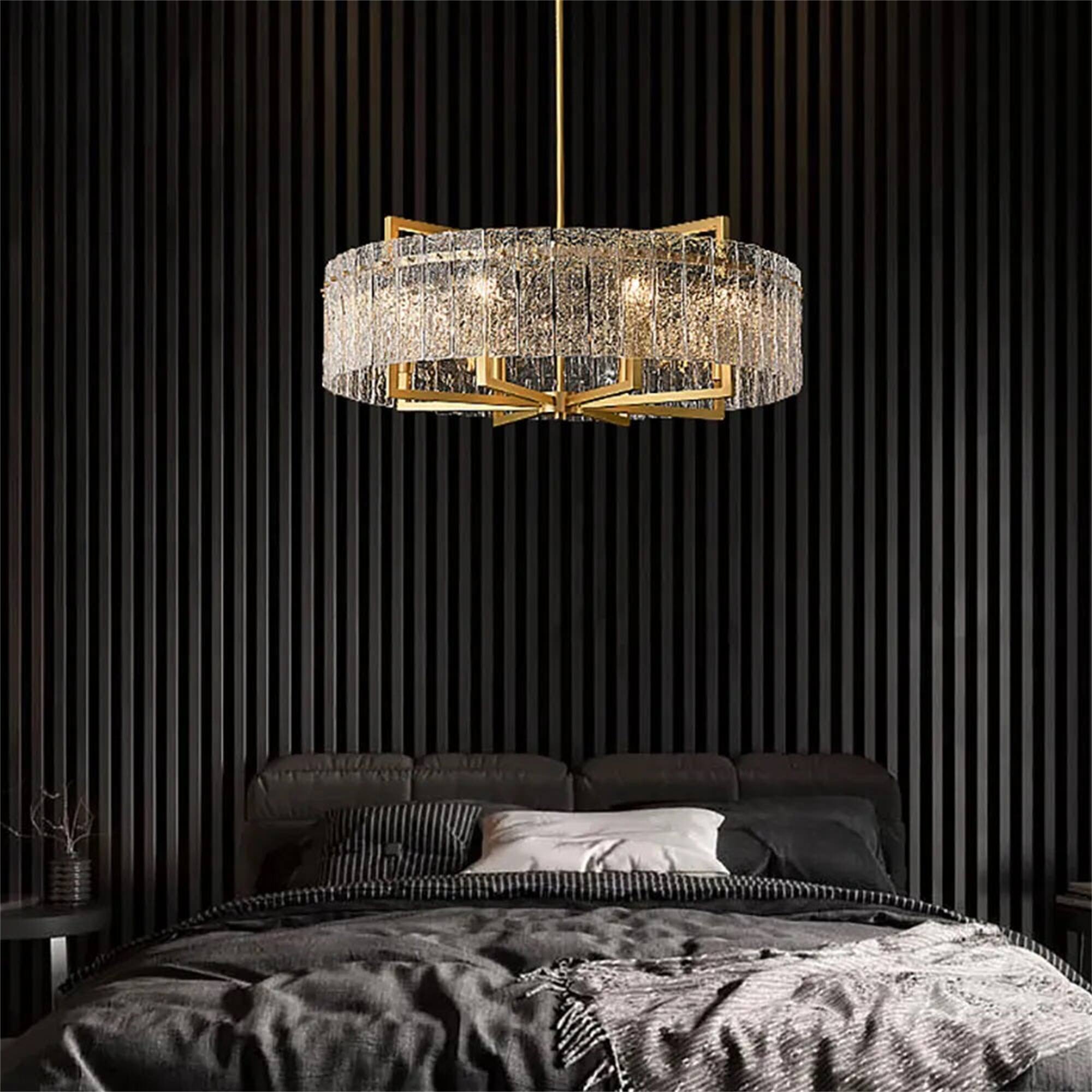 Left. Siljoy - 33-Inch 8-Light Cracked Glass Crystal Chandelier, Height Adjustable for Dining Living Room Kitchen Island - Gold.