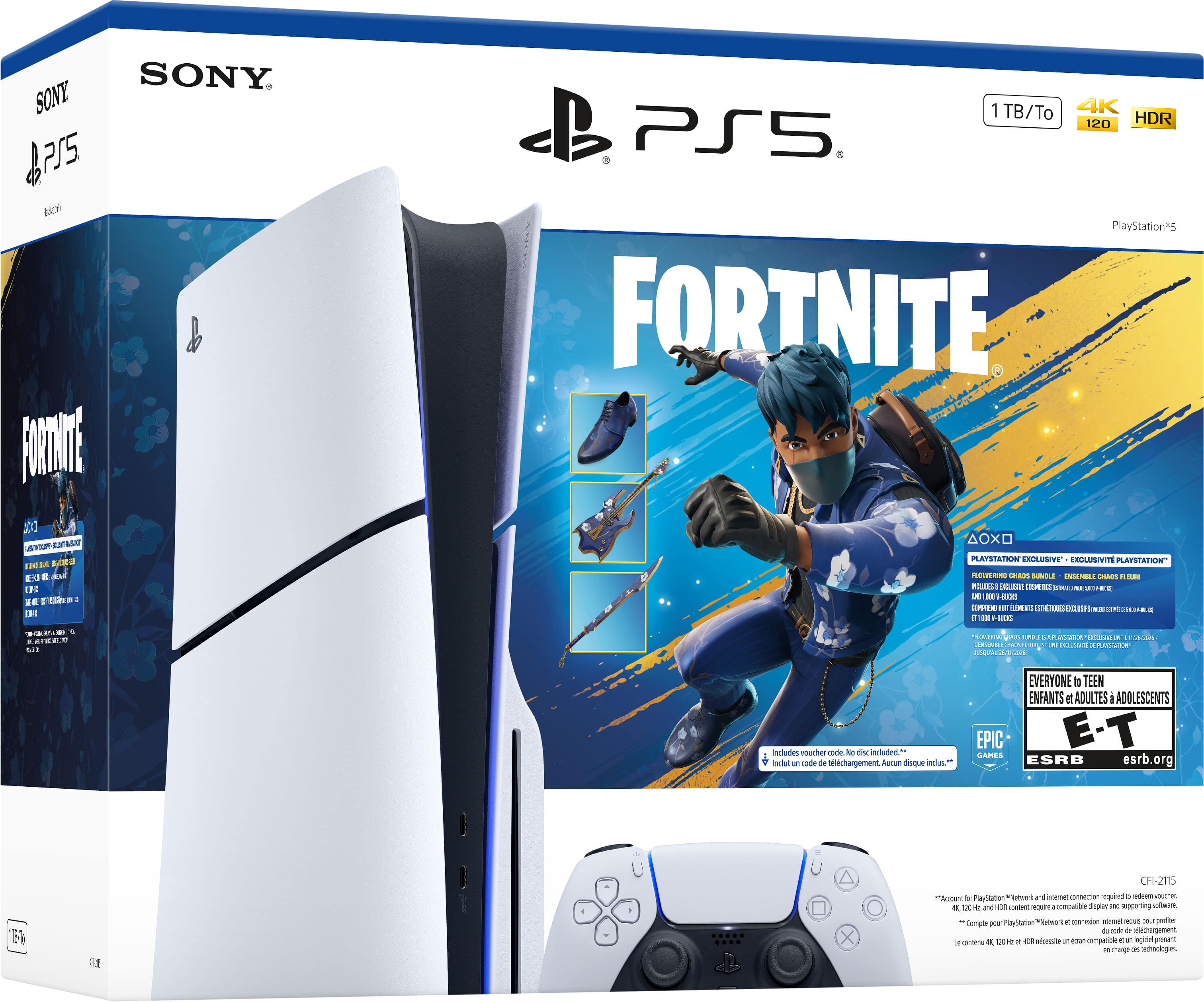 Sure, here is the corrected and grouped text from the image:
---
**SONY**
**PlayStation 5**
**1 TB/To**
**4K**
**120**
**HDR**
**FORTNITE**
**PlayStation 5**
**PlayStation Exclusive - Exclusive PlayStation**
**FORTNITE**
**DC**
**Epic Games**
**Includes voucher code - Inclut un code de téléchargement**
**E-T**
**TEEN**
**ENFANTS D'ADULTES ADOLESCENTS**
**ESRB**
**esrb.org**
**CF1-2115**
**PlayStation 5**
**Compatible avec le support de charge rapide**
**Lampe M**
**PlayStation 5**
**Charge rapide**
**2**
**O4**
**INT**
**wman idnnoo d**
**logcel phinmari**
**charge**
**a**
**technologies**
**Includes voucher code - Inclut un code de téléchargement**
**Epic Games**
**E-T**
**TEEN**
**ENFANTS D'ADULTES ADOLESCENTS**
**ESRB**
**esrb.org**
**CF1-21