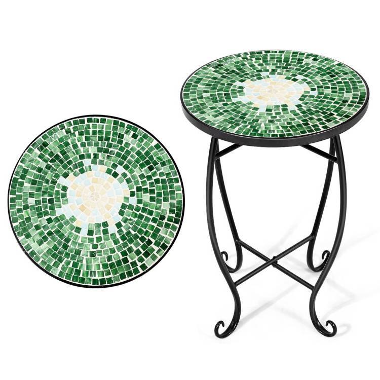 Front. Hivvago - Indoor/Outdoor Green Mosaic Round Side Accent Table Plant Stand - Green.