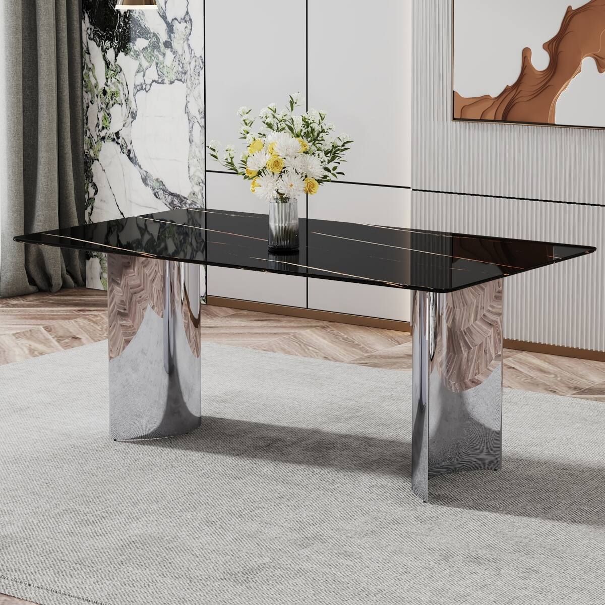 Angle. Loheer - Loheer Black Faux Marble Glass Dining Table with Silver Metal Legs, Modern Minimalist Design - Black.