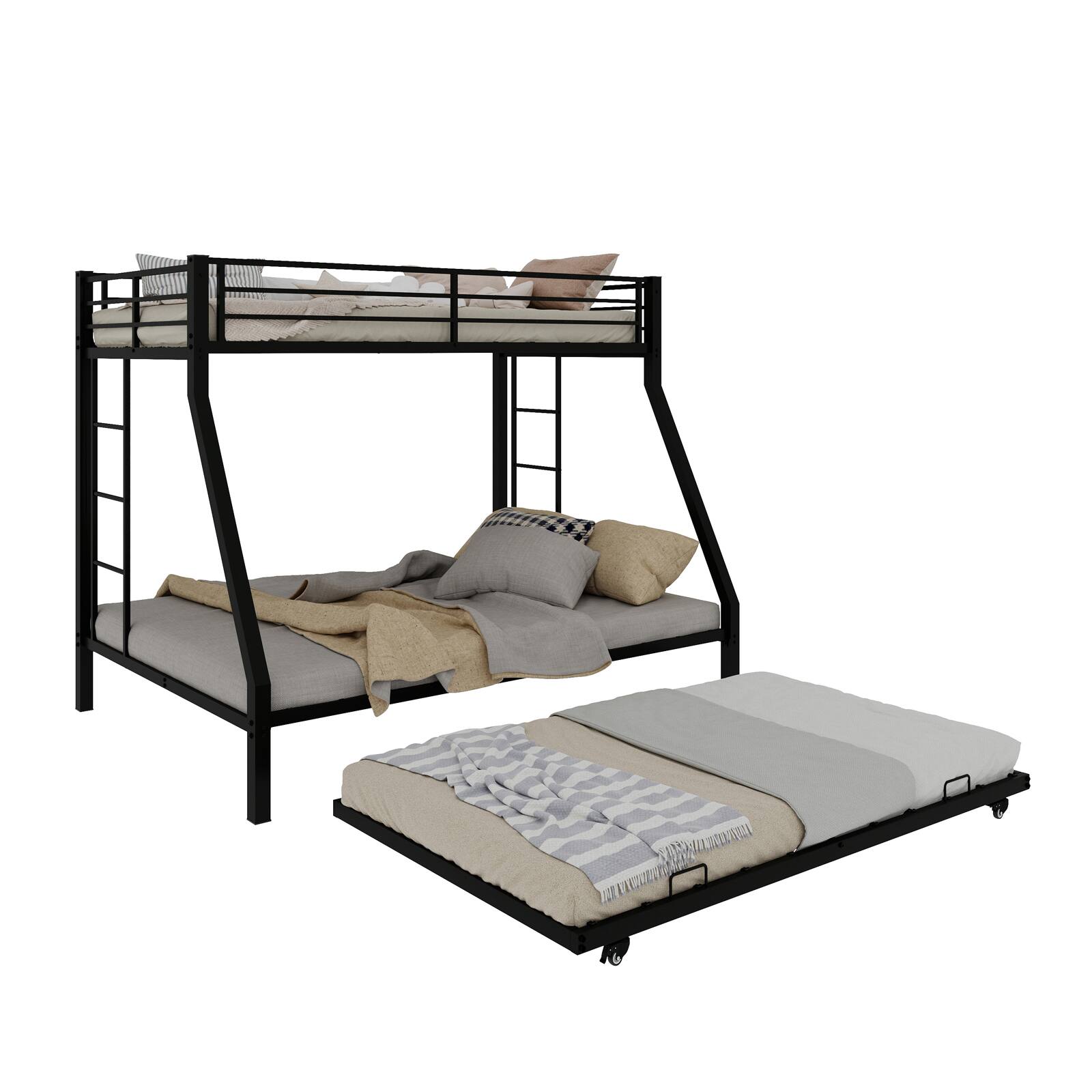 Alt View 9. Loheer - Loheer Metal Triple Bunk Bed Twin Over Full with Twin Trundle Black Steel Frame - Black.