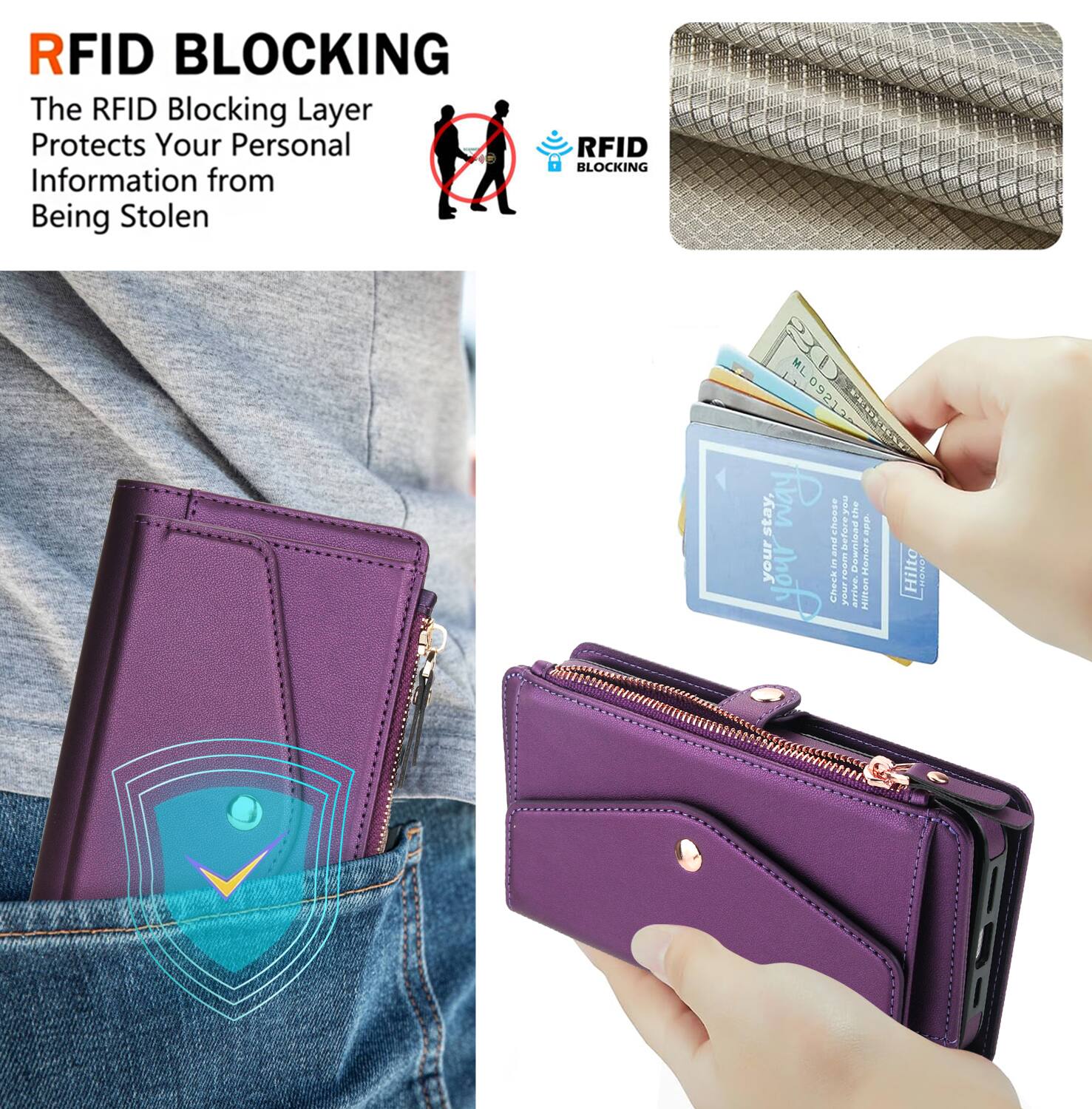 RFID BLOCKING  
The RFID Blocking Layer Protects Your Personal Information from Being Stolen  

RFID BLOCKING 20 ML 09212  

Stay.  
Check in before you arrive.  
Download Peton Hemaze Hilton!