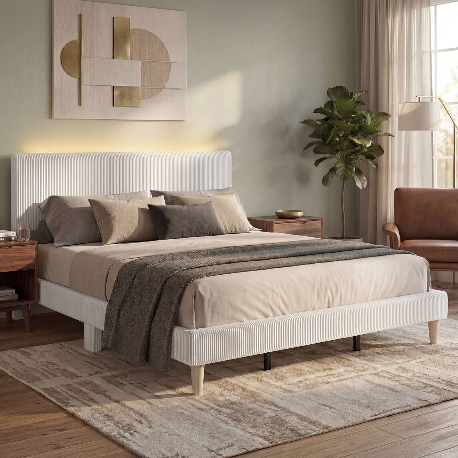Left. Bestier - King Size Velvet Upholstered Platform Bed Frame with Storage Headboard LED Lights - Light Grey.