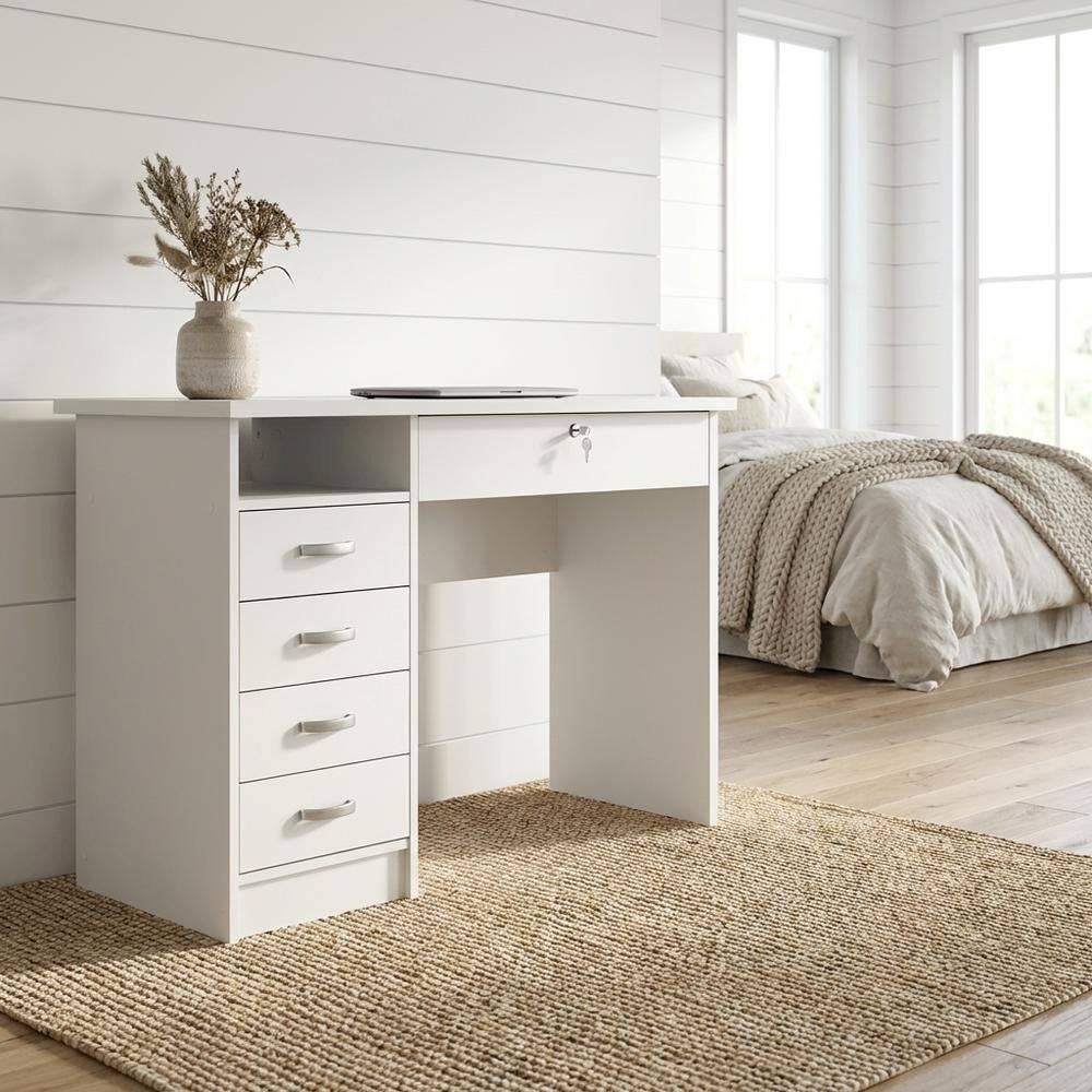 Back. FurniFact - Elegant White Computer Desk Featuring Five Drawers and Open Shelf Design - White.