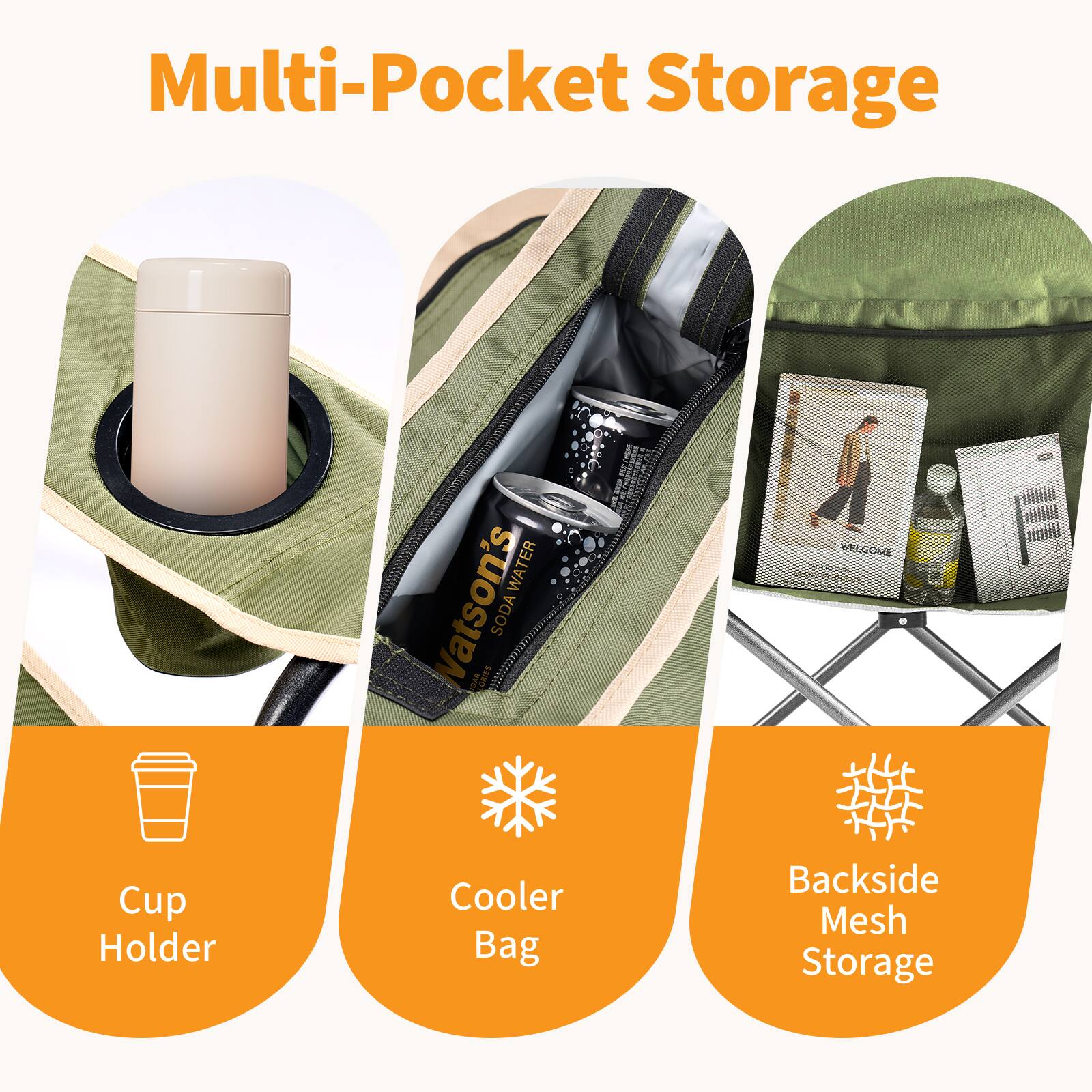 Multi-Pocket Storage

- Cup Holder
- Cooler Bag
- Backside Mesh Storage