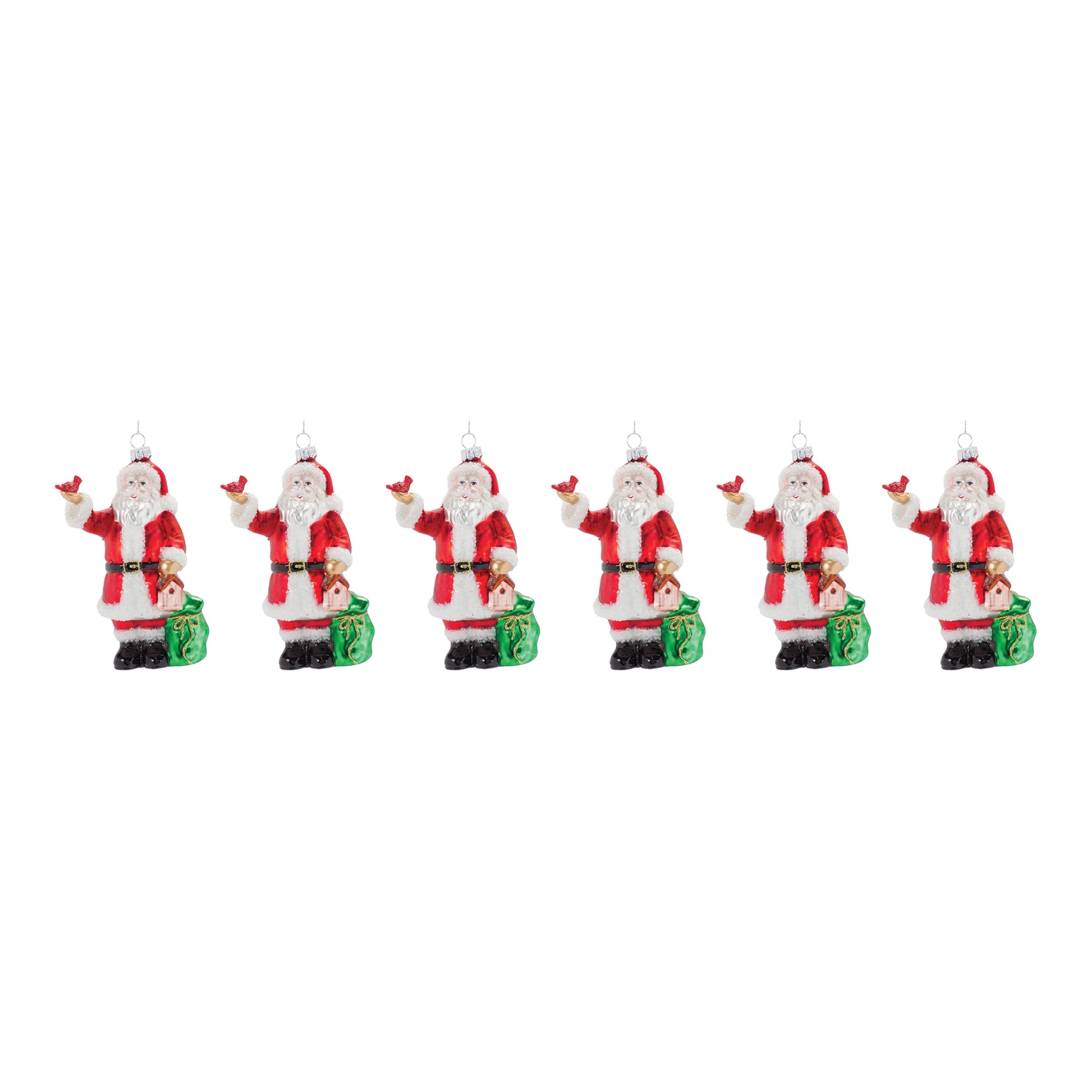 Left. BreeBe - Glass Santa with Cardinal Bird Ornament (Set of 6) - Red, Green, White.