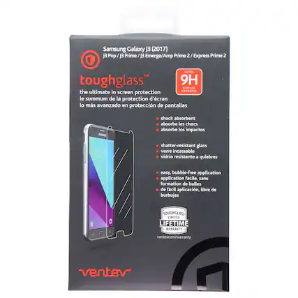 Samsung Galaxy J3 (2017) J3 Pop/J3 Prime/J3 Emerge/Amp Prime 2
RATED 9H SURFACE
the ultimate in screen protection
le summum de la protection d'écran
lo más avanzado en protección de pantallas
SINSING
shock absorbent
absorbe les chocs
absorbe los impactos
12.49
shatter-resistant glass
verre incassable
vidrio resistente a quiebres
easy, bubble-free application
application facile, sans formation de bulles
de fácil aplicación, libre de burbujas
TOUGHGLASS LIMITED LIFETIME WARRANTY
ventev.com/warranty