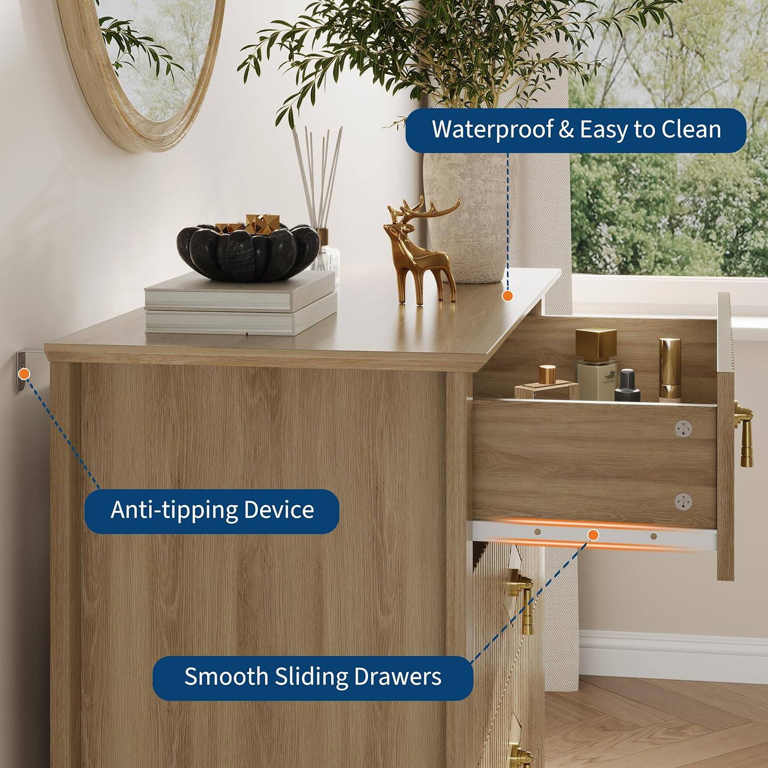 Waterproof & Easy to Clean  
Anti-tipping Device  
Smooth Sliding Drawers