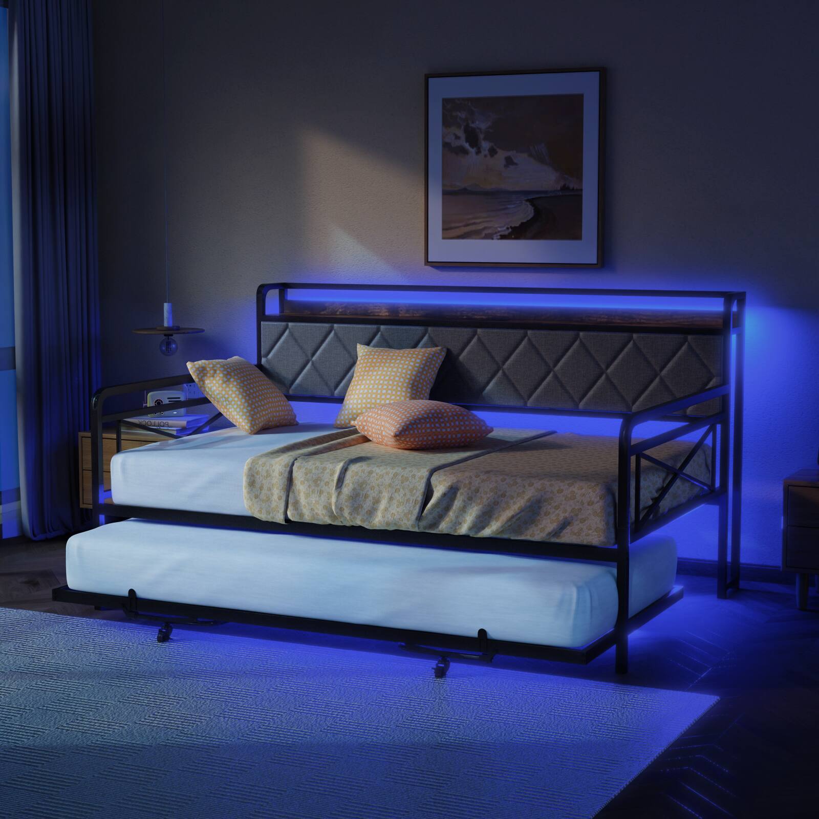 Alt View 5. Winado - Twin Daybed with Trundle Bed Sofa DayBed with LED Light & Charing Station Upholstered Bed Frame with Storage Headboard - Black & Fabric Grey.