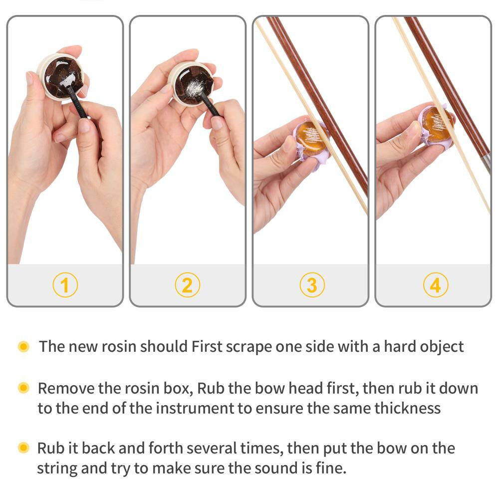 1. The new rosin should first scrape one side with a hard object.
2. Remove the rosin box, rub the bow head first, then rub it down to the end of the instrument to ensure the same thickness.
3. Rub it back and forth several times, then put the bow on the string and try to make sure the sound is fine.