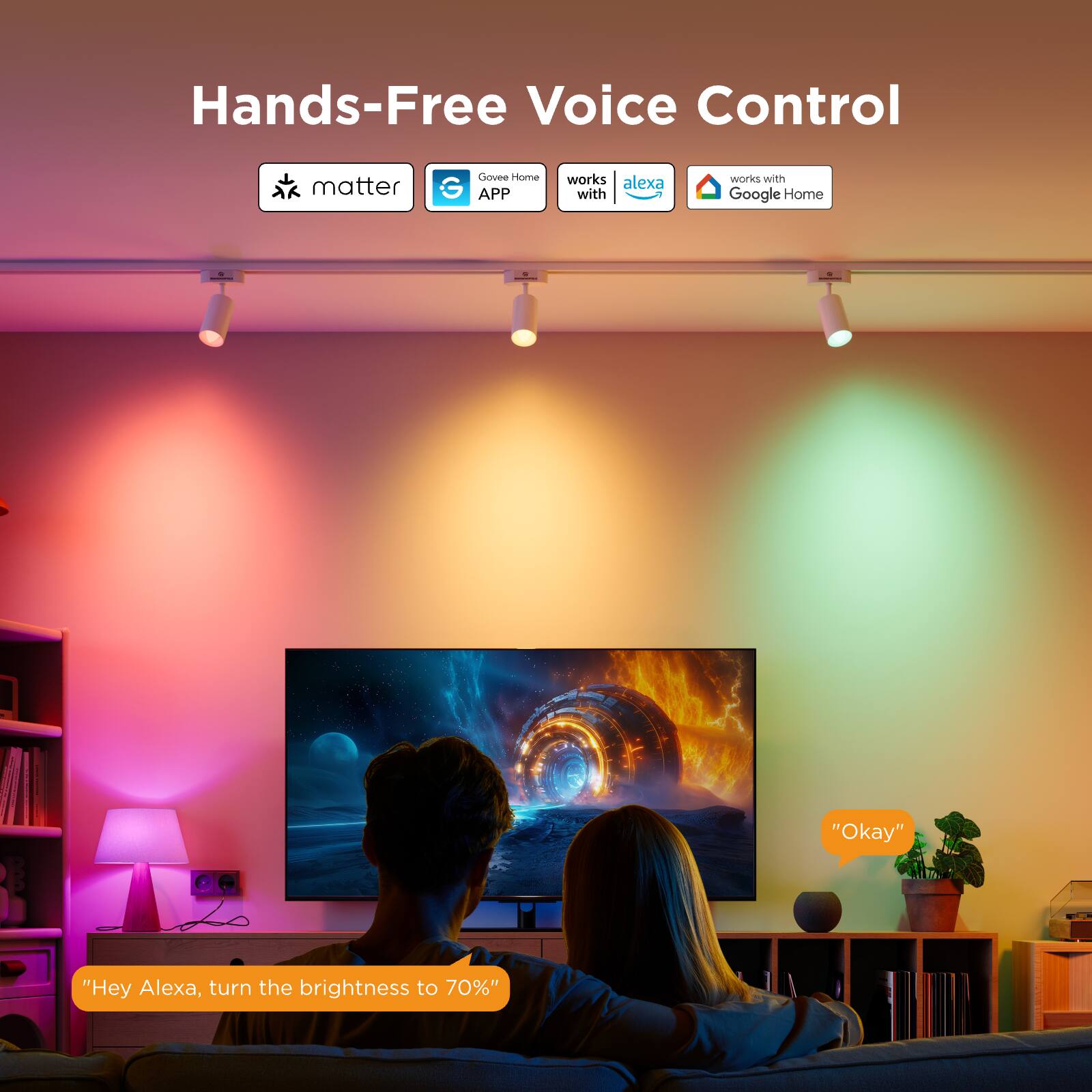 Hands-Free Voice Control

matter Govee Home APP works with Alexa works with Google Home

"Hey Alexa, turn the brightness to 70%"

"Okay"