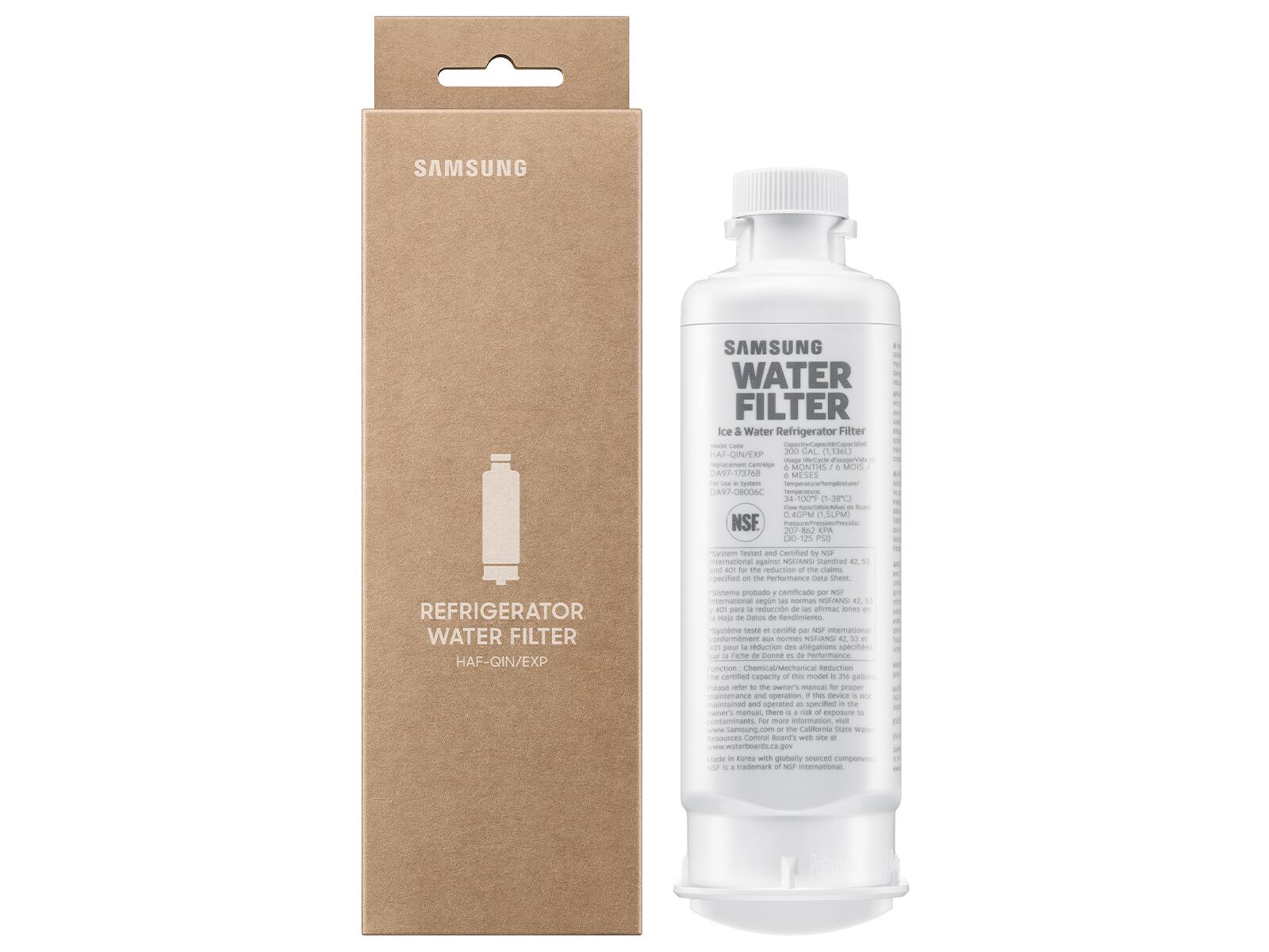 SAMSUNG SAMSUNG WATER FILTER Ice & Water Refrigerator Filter - AF-CIN/EX 300 CAL (1.36L) 6 MONTHS (136 MESES) DA97-08006C 34 0 n1-3C) 0.4UPM (1.SLPM NSF 20 S ES 30-15 P50 cutrem cesten cantien NOF ternational a NSURN standrad A d ad 401 f the reduction the claims pecitted on he Pertormance ota I REFRIGERATOR WATER FILTER HAF-QIN/EXP sitema probado certificado - N iternationa segin as nrmas NSUN 2 an para reduccin de as afrmar cmes - HO -e Catons de smno sysnme s e certif - N internationa turmement - normes NSUNNS 42 - o par reduction dies alegations spcifin naene de Comne es - renformance unction Chemical/Mechanical nrTIN . cerifled capacity - hs mastes . ine galicna cuE oter -
