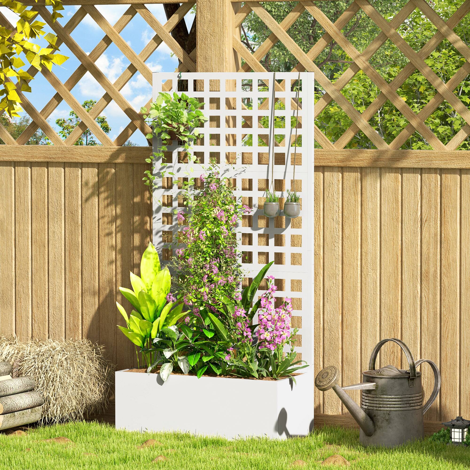 Alt View 1. Outsunny - Raised Garden Bed Planter Box with Trellis for Climbing Plants, Vegetable, Vines - White.