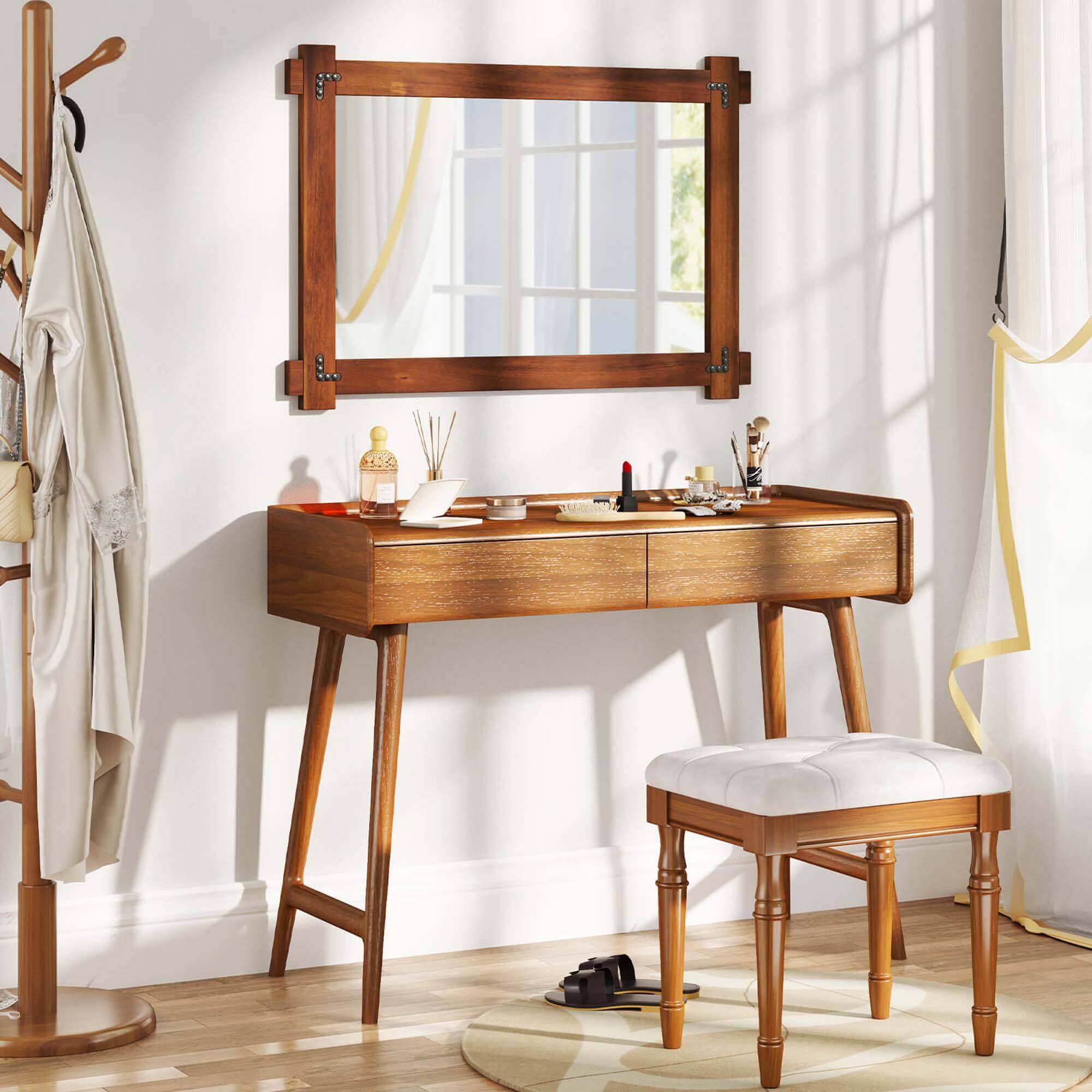 Alt View 5. Costway - Costway 35 x 24 Inch Shatterproof Wall Mirror with Acacia Wood Frame & Vintage Rivet Design - Rustic Brown.