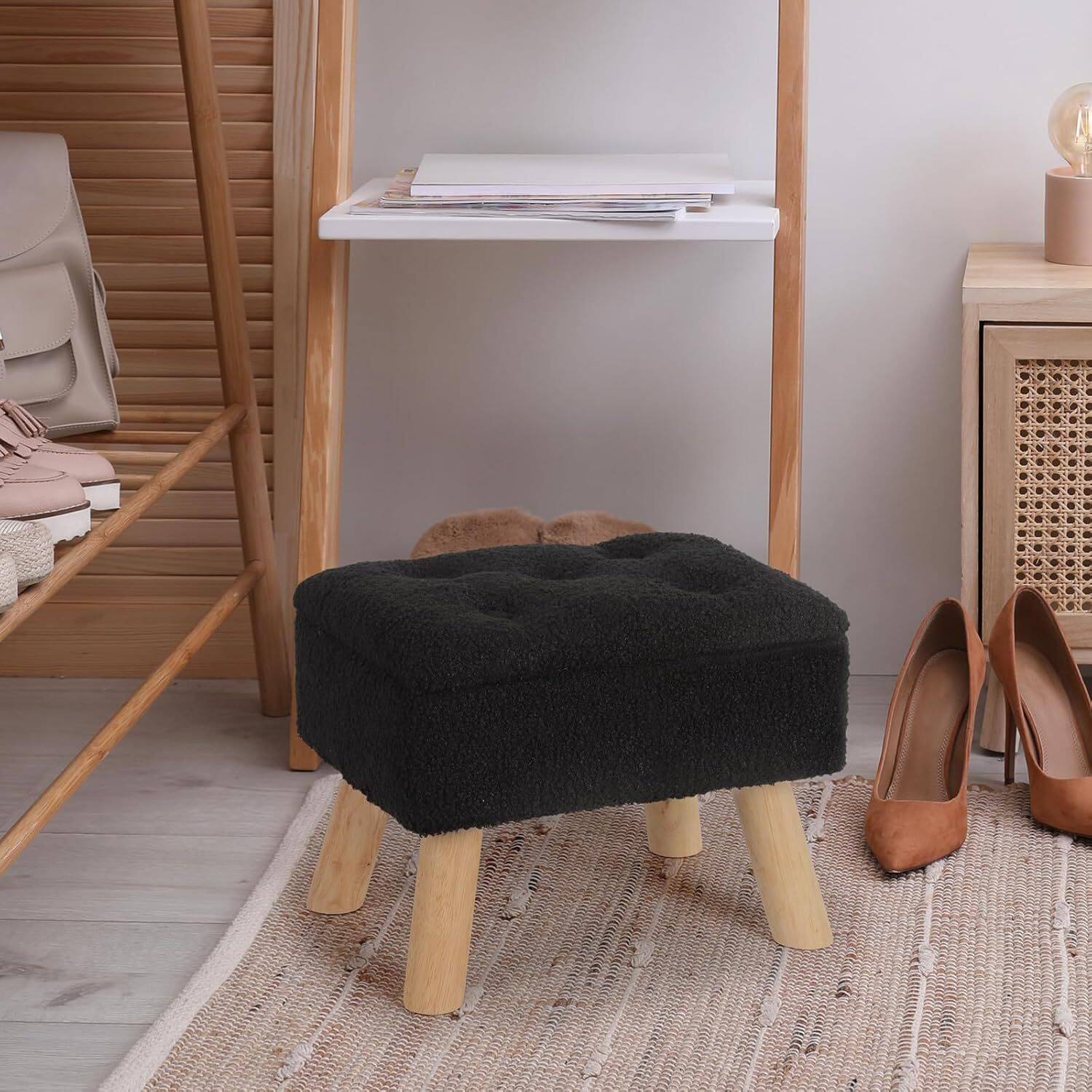 Alt View 3. Oumilen - Black Tufted Teddy Fleece Storage Ottoman – 4 Natural Wood Legs Multifunctional Bench for Entryway Bedroom - Black.