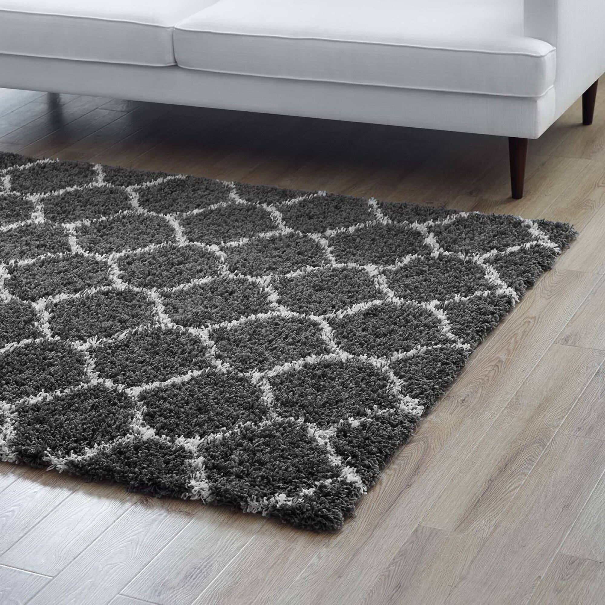 Back. Modway - Solvea Moroccan Trellis Shag Area Rug - Dark Gray and Ivory.