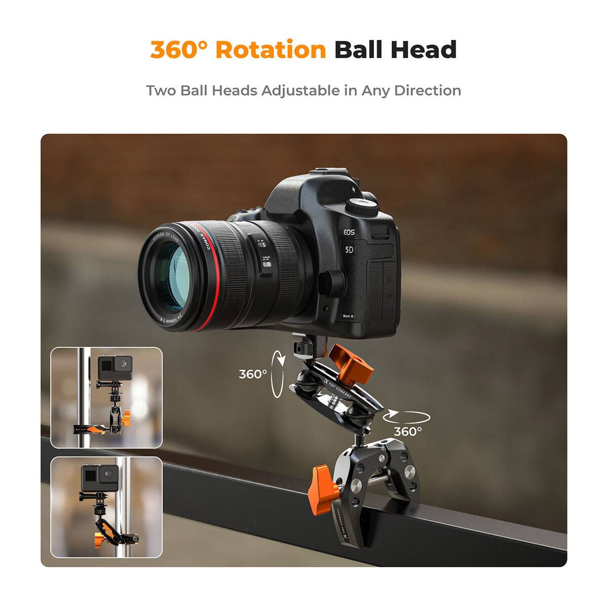 360° Rotation Ball Head  
Two Ball Heads Adjustable in Any Direction  
COHAN  
EOS 5D  

360  
1933003  
360