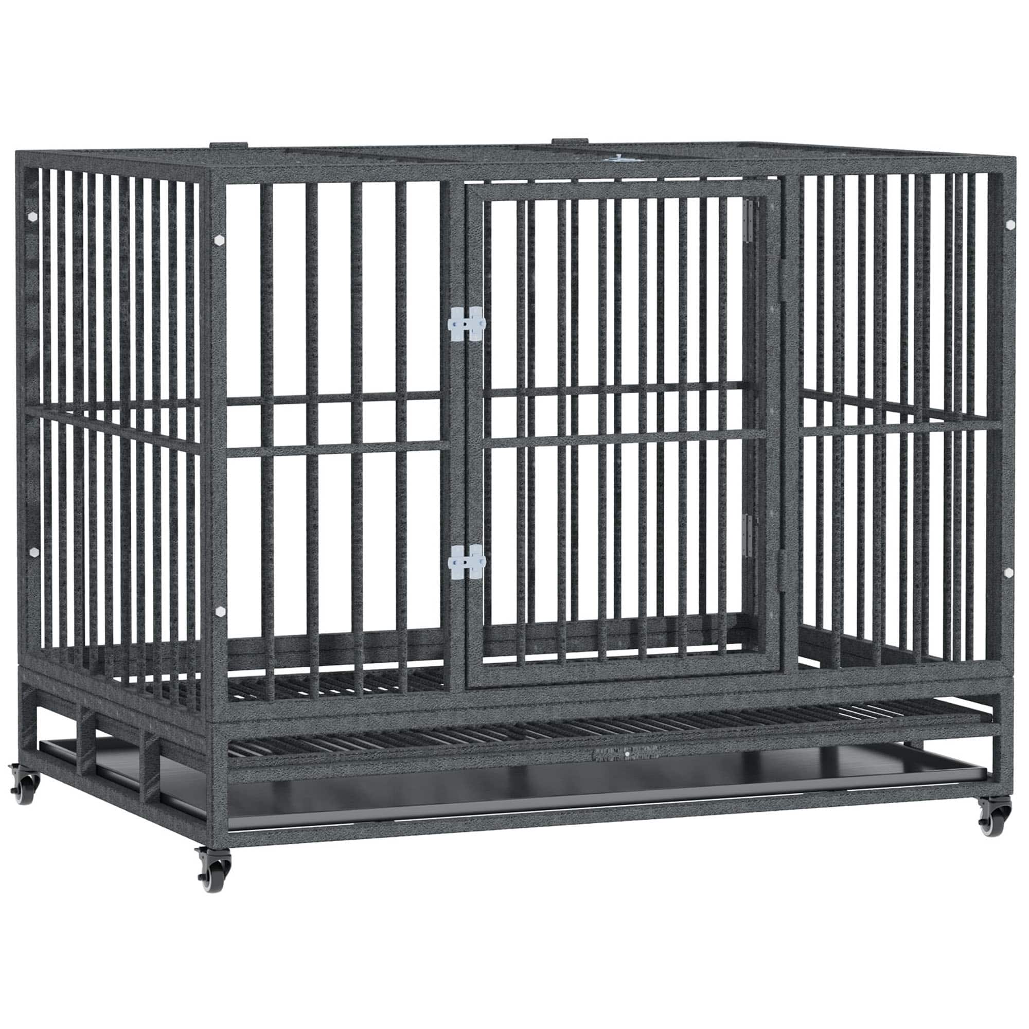 Siljoy - 43" Heavy Duty Dog Crate with Lockable Wheels, Double Access & Slide‑Out Tray for Dogs up to 88 lbs