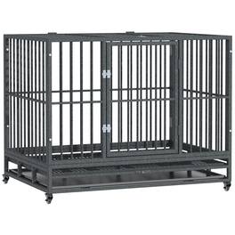 Pawhut - 43" Heavy Duty Dog Crate Metal Cage Kennel with Lockable Wheels, Double Door and Removable Tray