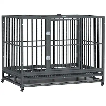 Front. Pawhut - 43" Heavy Duty Dog Crate Metal Cage Kennel with Lockable Wheels, Double Door and Removable Tray.