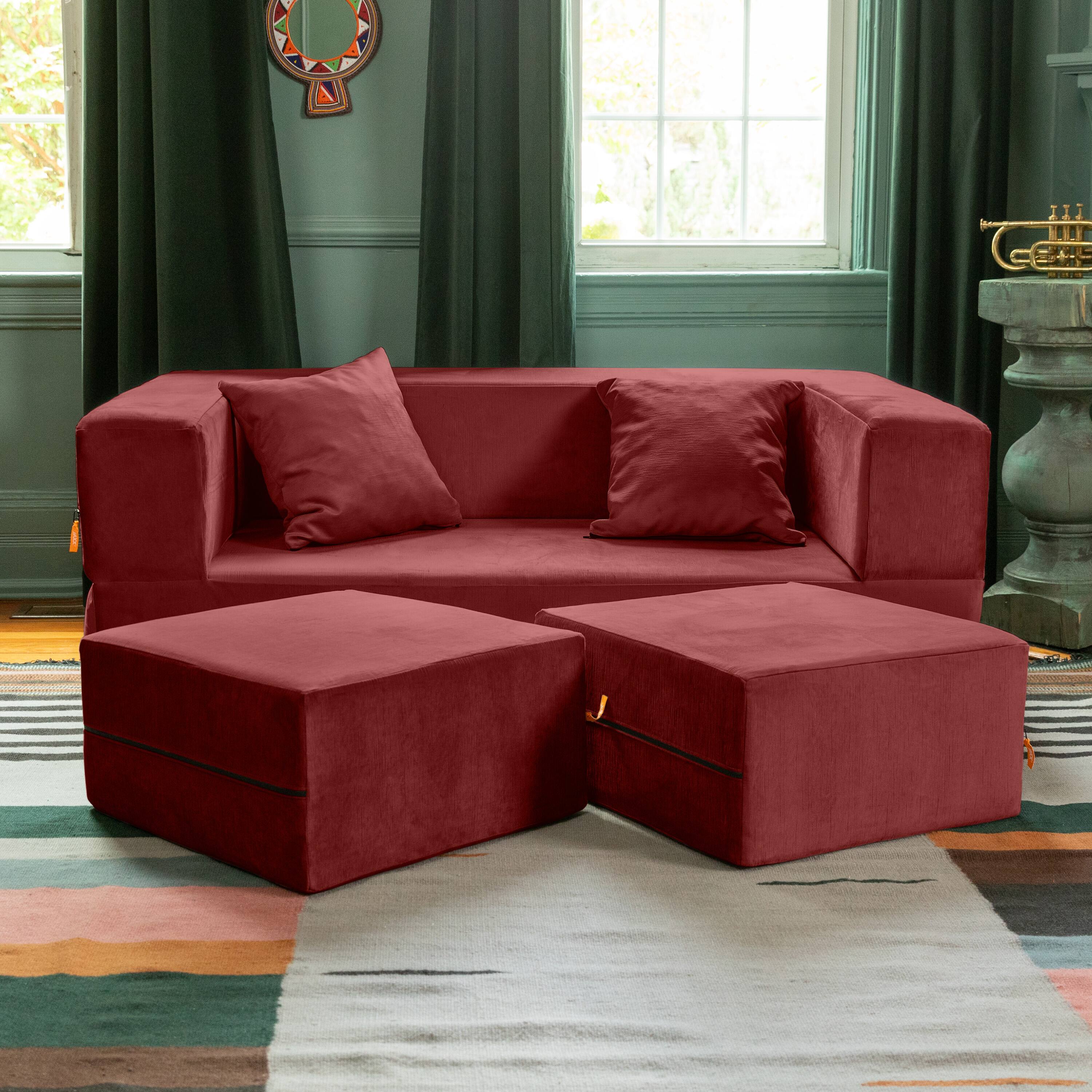 Alt View 1. Jaxx - Jaxx Zipline Convertible Sleeper Loveseat & Ottomans, Textured Microvelvet - Berry Red - Berry Red.