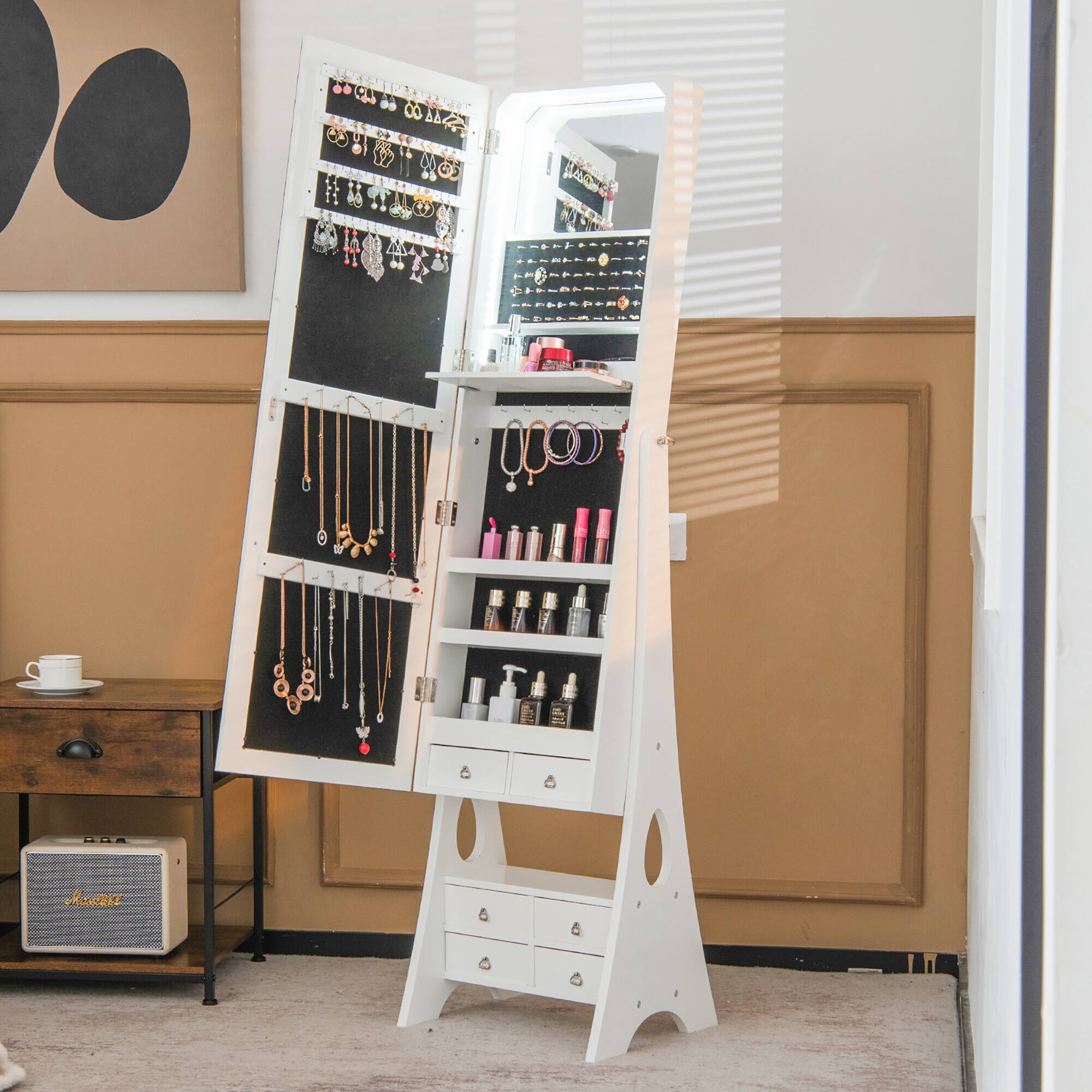 Alt View 4. Gymax - Gymax Jewelry Cabinet Armoire Full Length LED Mirror w/ 6 Drawers & Makeup Shelf White - White.