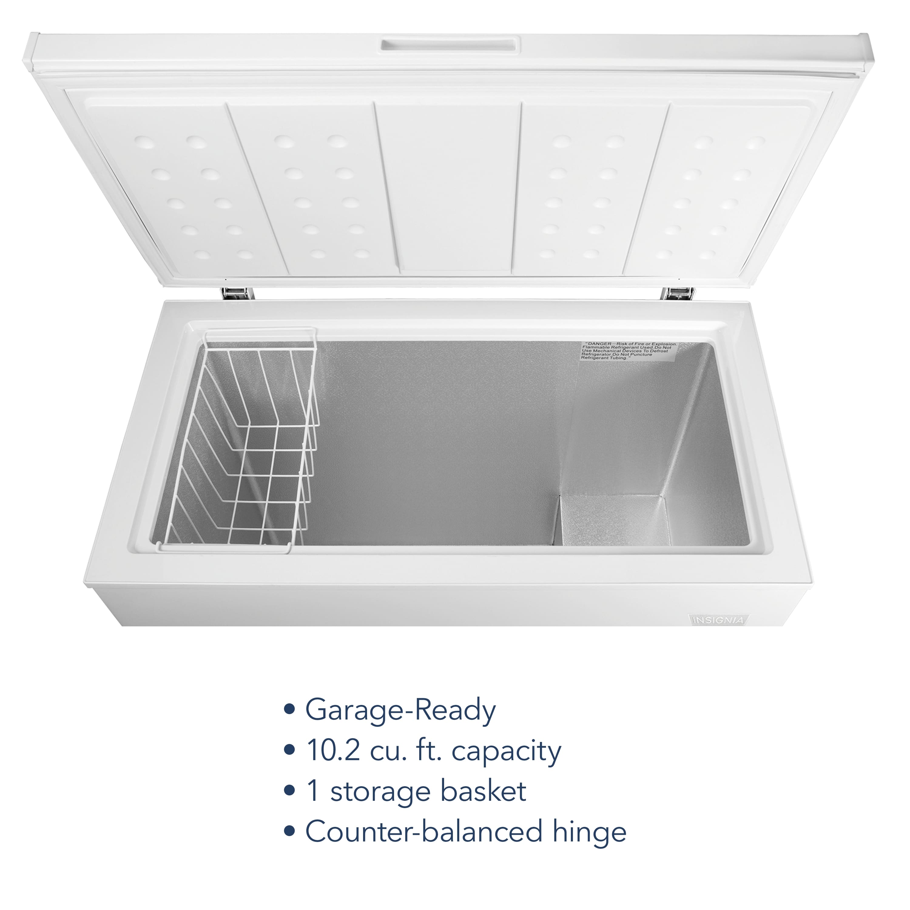 The text on the image reads: "Garage-Ready 10.2 cu. ft. capacity 1 storage basket Counter-balanced hinge."