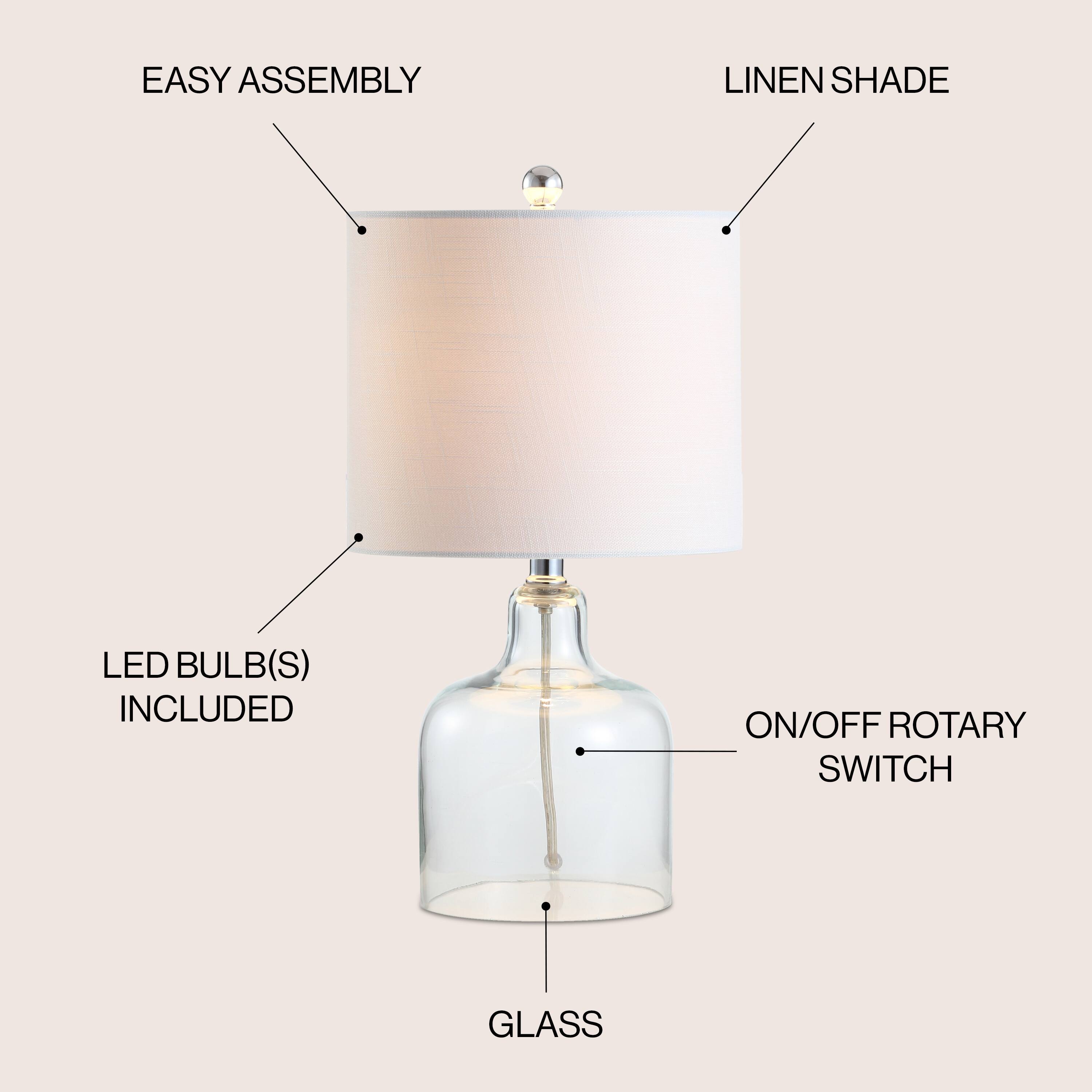 EASY ASSEMBLY  
LINEN SHADE  
LED BULB(S) INCLUDED  
ON/OFF ROTARY SWITCH  
GLASS