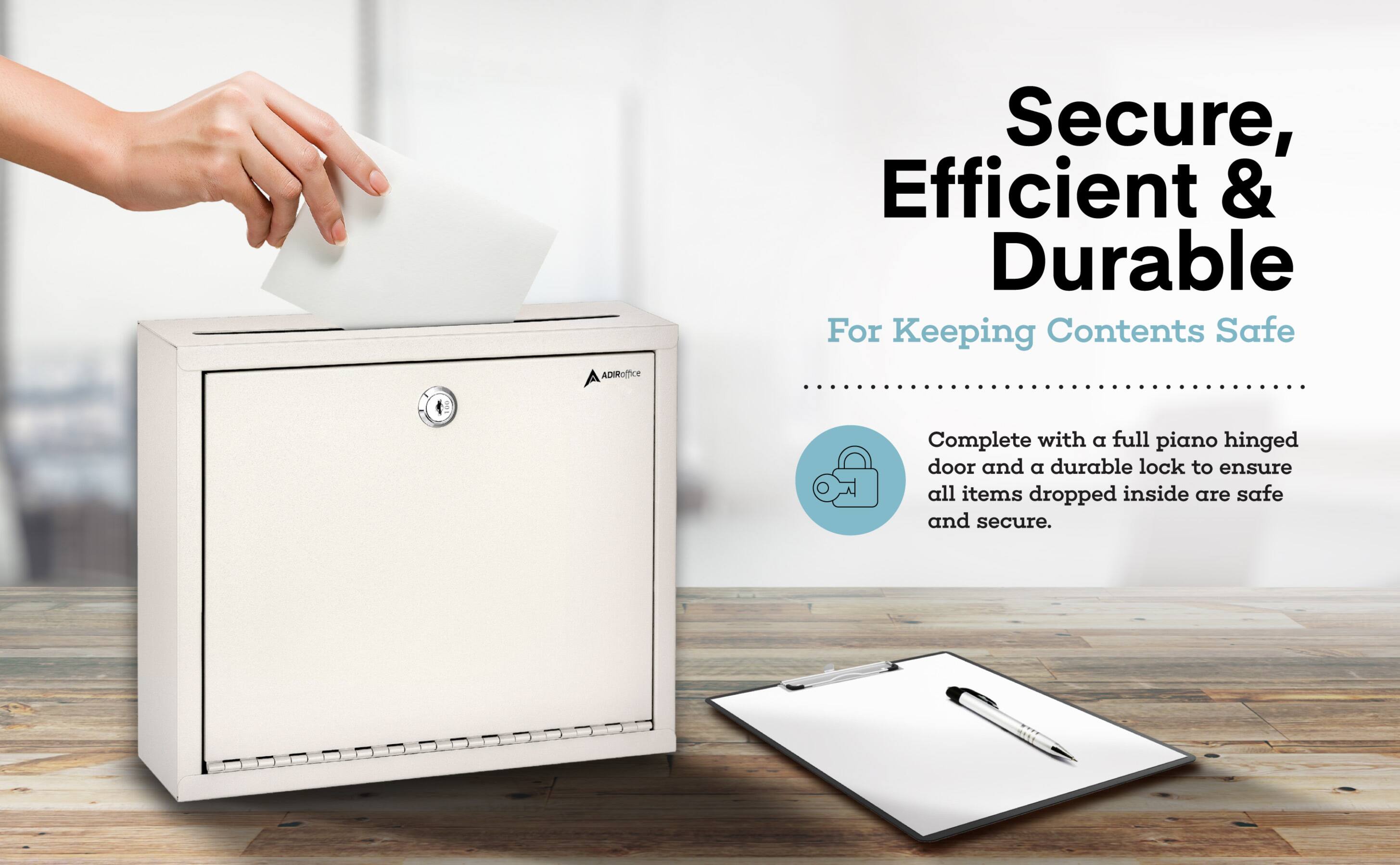 A ADIROtice ADIRoIfice Secure, Efficient & Durable For Keeping Contents Safe Complete with a full piano hinged door and a durable lock to ensure all items dropped inside are safe and secure.