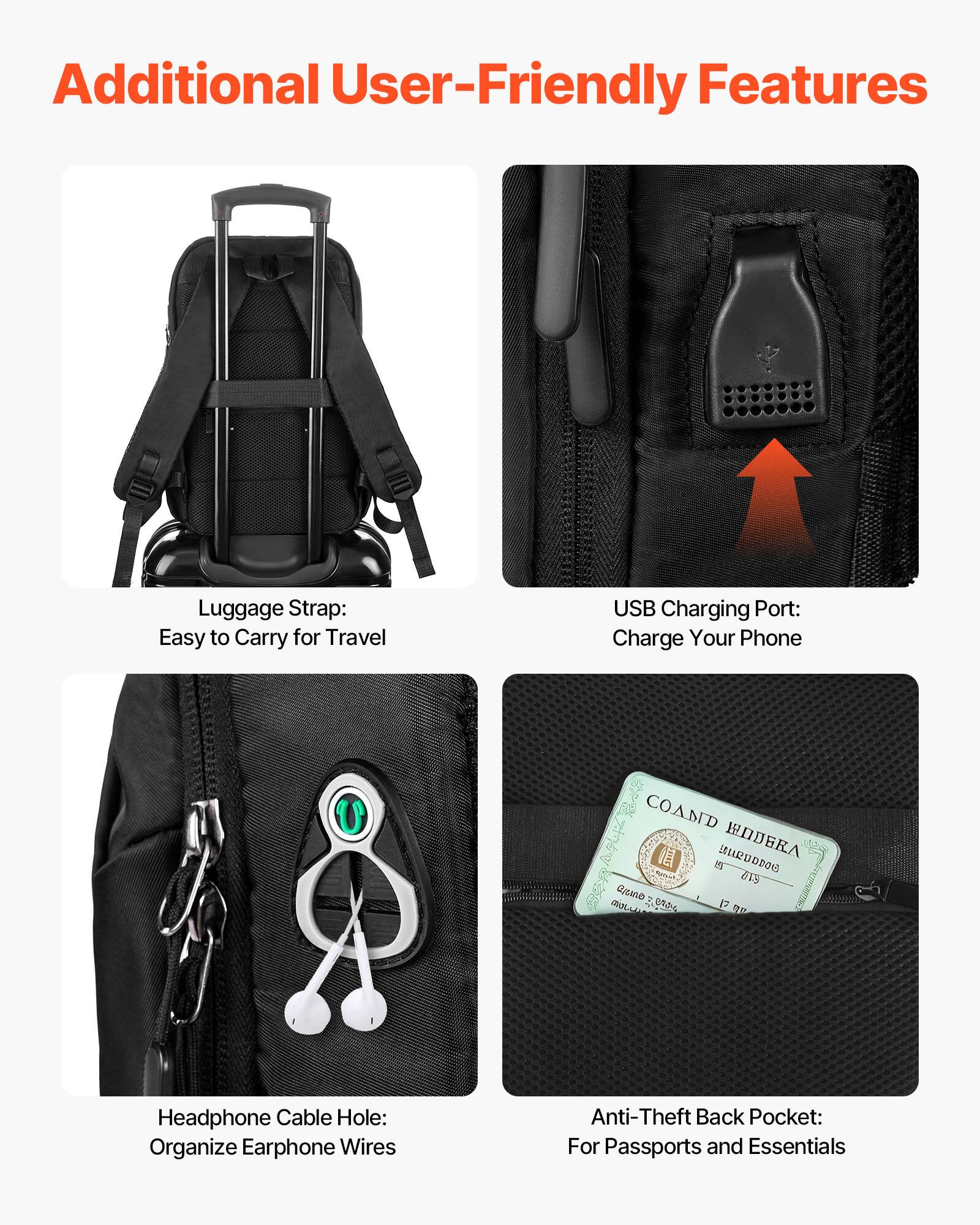 Additional User-Friendly Features

Luggage Strap: Easy to Carry for Travel

USB Charging Port: Charge Your Phone

Headphone Cable Hole: Organize Earphone Wires

Anti-Theft Back Pocket: For Passports and Essentials