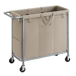 Songmics Home - Laundry Basket with Wheels, 3-Section Rolling Laundry Hamper, 52.8 Gallons (200L), Removable Liner - Camel Brown