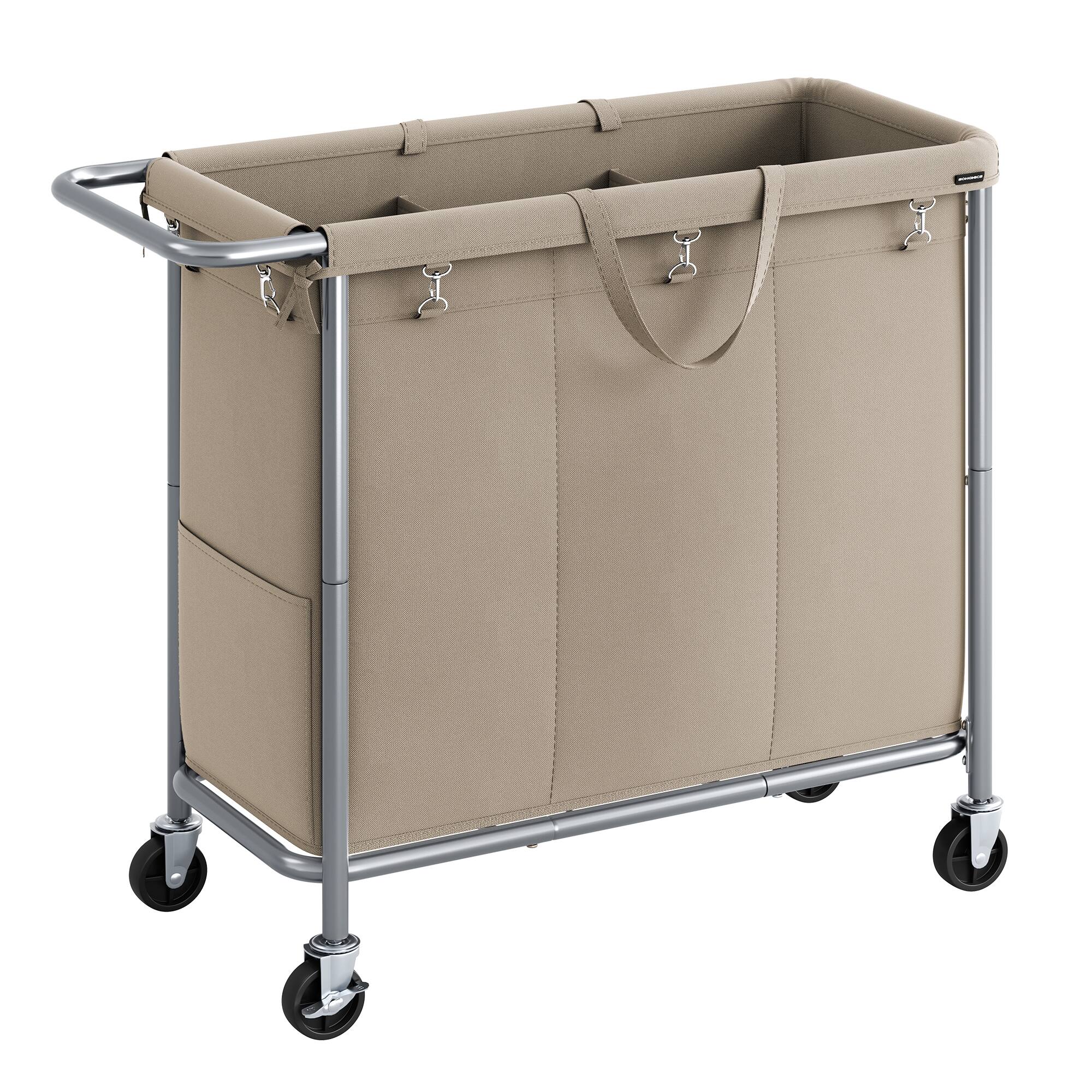 Front. Songmics Home - Laundry Basket with Wheels, 3-Section Rolling Laundry Hamper, 52.8 Gallons (200L), Removable Liner - Camel Brown.