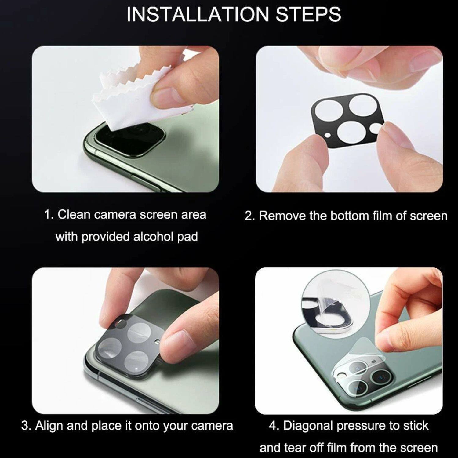 **Installation Steps**

1. Clean camera screen area with provided alcohol pad
2. Remove the bottom film of screen
3. Align and place it onto your camera
4. Diagonal pressure to stick and tear off film from the screen