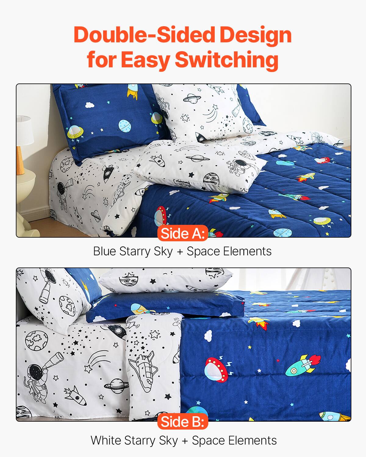 Double-Sided Design for Easy Switching

Side A: Blue Starry Sky + Space Elements

Side B: White Starry Sky + Space Elements