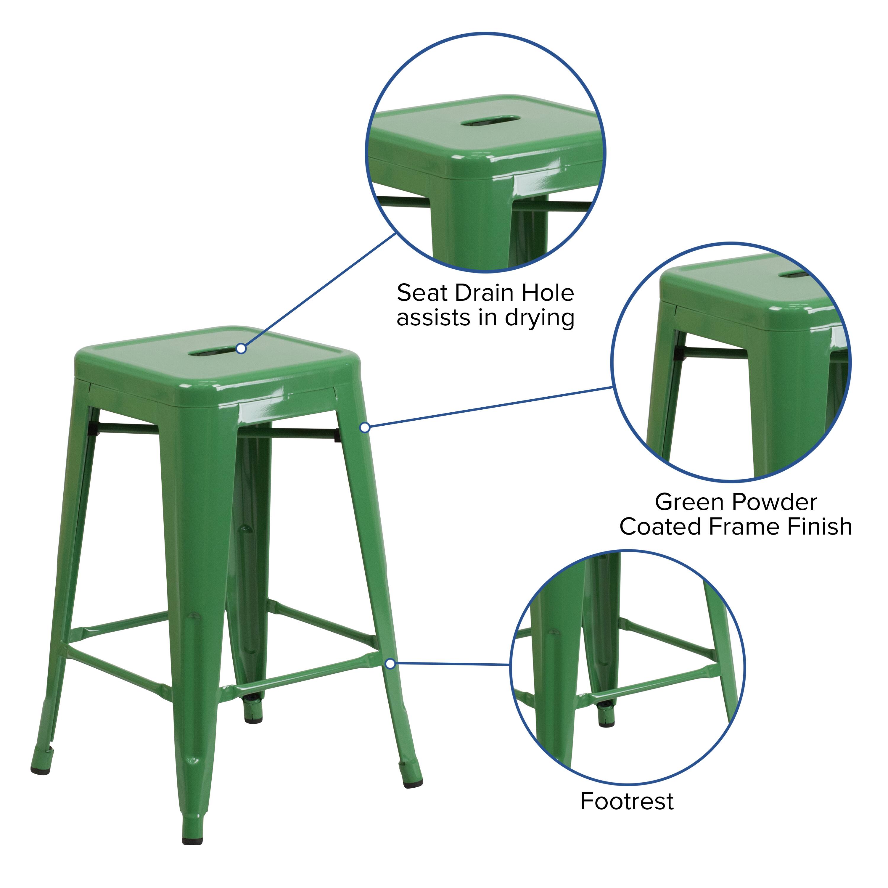 Seat Drain Hole assists in drying  
Green Powder Coated Frame Finish  
Footrest
