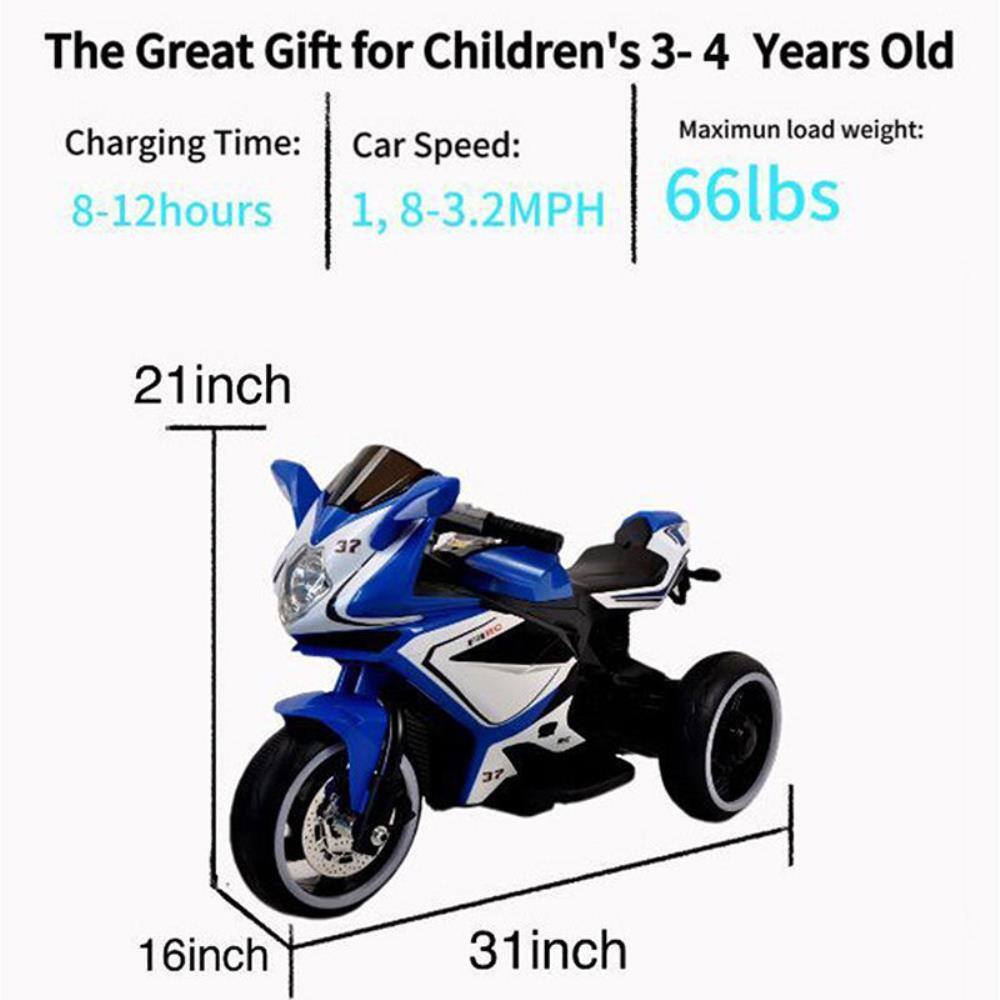 The Great Gift for Children's 3-4 Years Old

Charging Time: 8-12 hours

Car Speed: 1, 8-3.2 MPH

Maximum load weight: 66 lbs

Dimensions:
- 21 inch (height)
- 31 inch (length)
- 16 inch (width)
