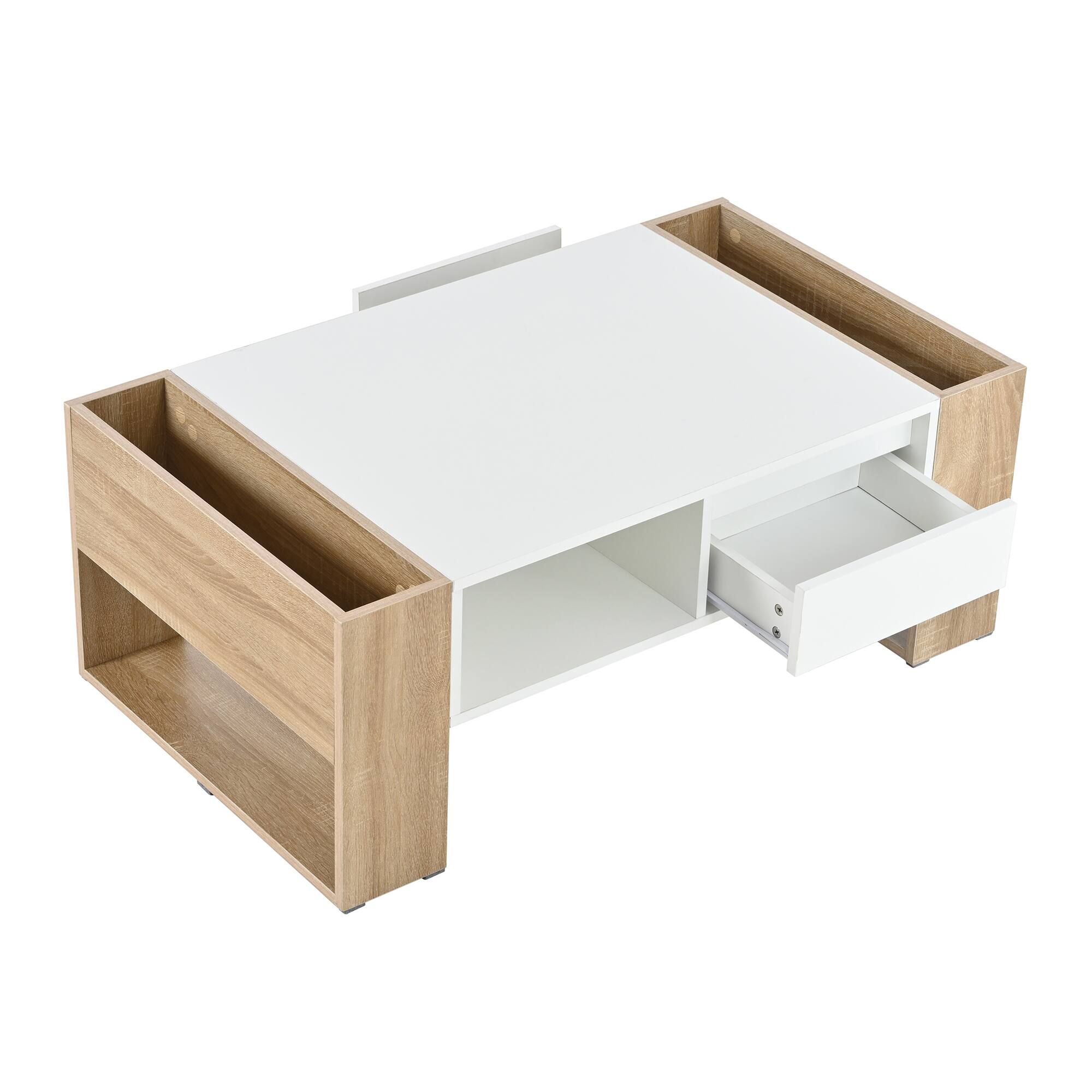 Alt View 7. Tiramisubest - High Glossy Coffee Table with 2 Drawers,Practical Two Tone Center Table with Hidden Compartments,Open Shelf,White - White+Natural.