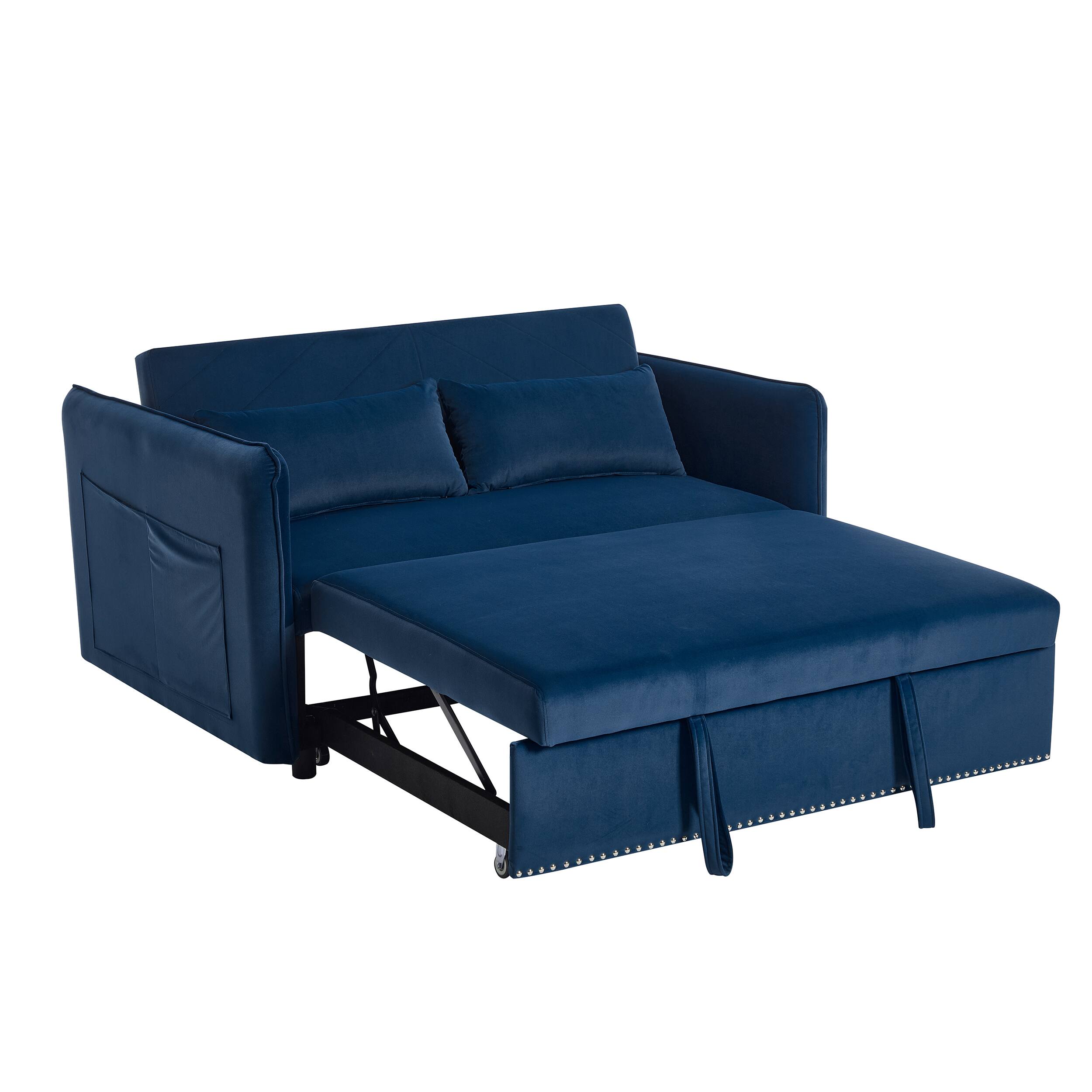 Alt View 5. Tiramisubest - 3 in 1 Convertible Sleeper Futon Sofa Bed,55" Velvet Loveseat with 2 Pillows,Reclining Backrest & Side Pockets,Blue - Blue.