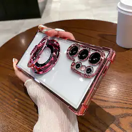 Dteck - For Samsung Galaxy S26 Ultra Plating Shockproof Magnetic Ring Stand Soft Case Camera Lens Protector Thin Phone Cover - Pink