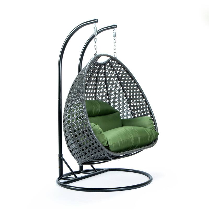 Back. LeisureMod - Leisuremod Outdoor 2-Person Charcoal Wicker Egg Swing Chair with Steel Stand, Washable Cushions & Waterproof Cover - Dark Green.