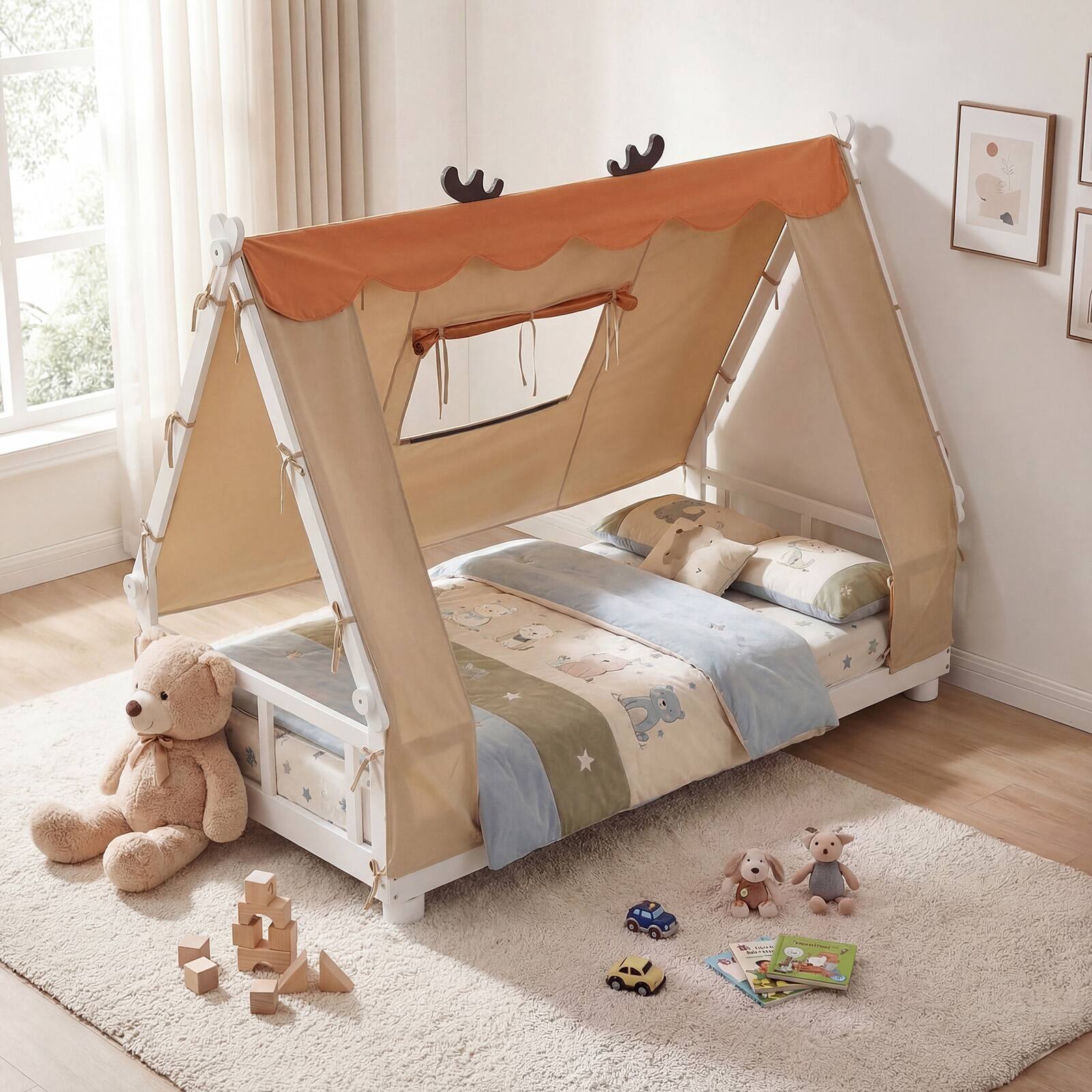 Alt View 1. Gymax - Gymax Twin Size House Floor Bed w/ TentWood Bed Frame w/ Roof Window & Fence Rails White & Orange - White.