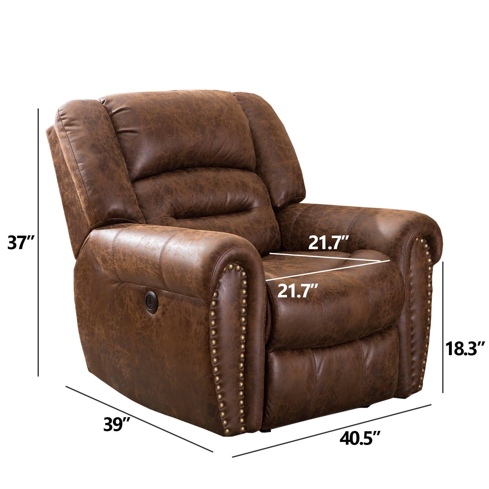 The text on the image reads: "37" 21.7" 21.7" 18.3" 39" 40.5". This information is likely related to the measurements of the brown leather chair. The measurements indicate that the chair is 37 inches wide, 21.7 inches deep, and 18.3 inches high. Additionally, the chair is 39 inches long and has a seat height of 40.5 inches.
