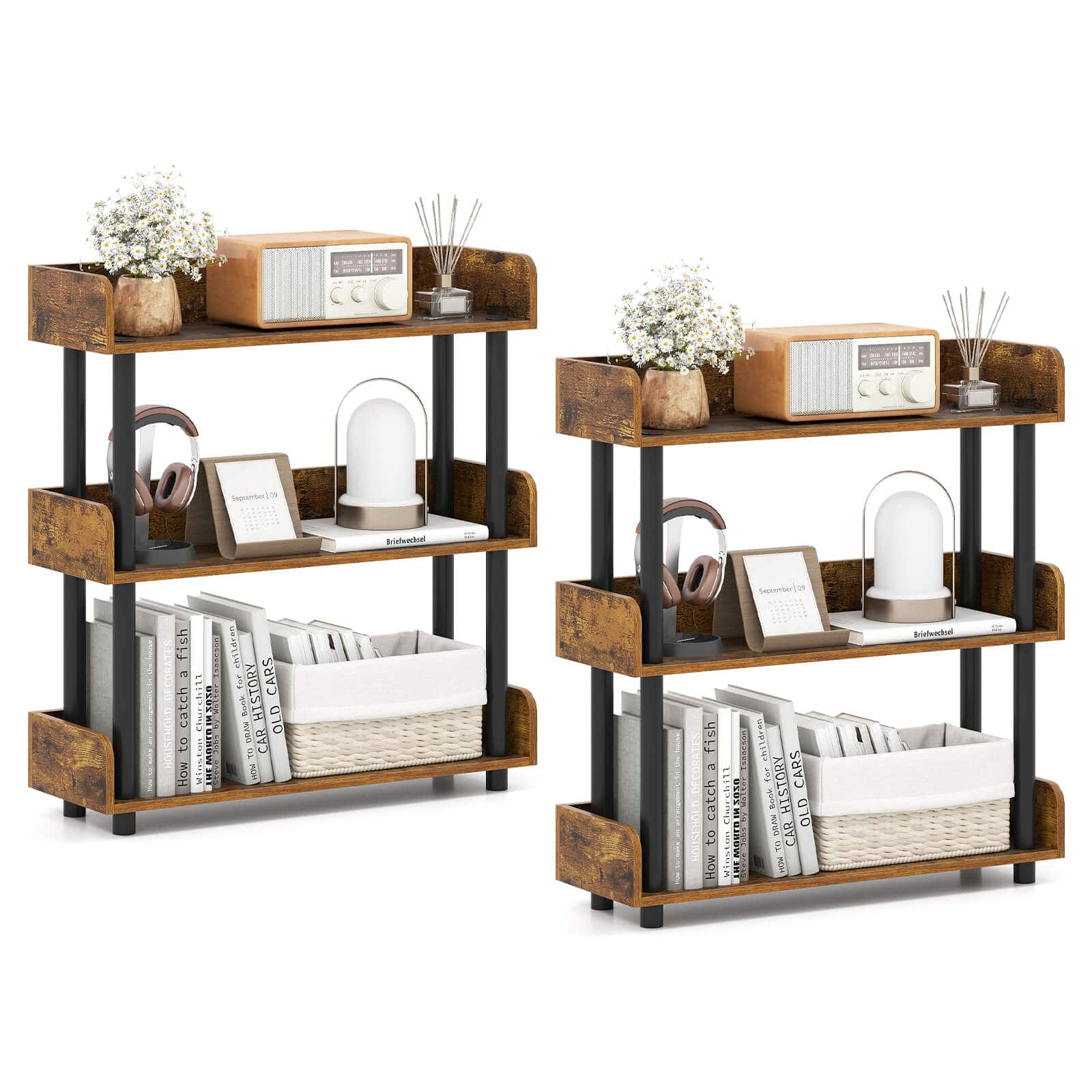 Costway - 2 PCS 3-Tier Bookshelf with Anti-Tipping Kit Industrial Storage Unit for Living Room - Rustic Brown,Black price history on PriceWatchPro