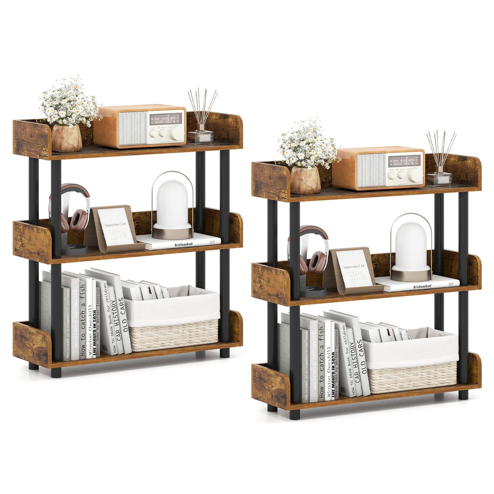 Costway - 2 PCS 3-Tier Bookshelf with Anti-Tipping Kit Industrial Storage Unit for Living Room - Rustic Brown,Black