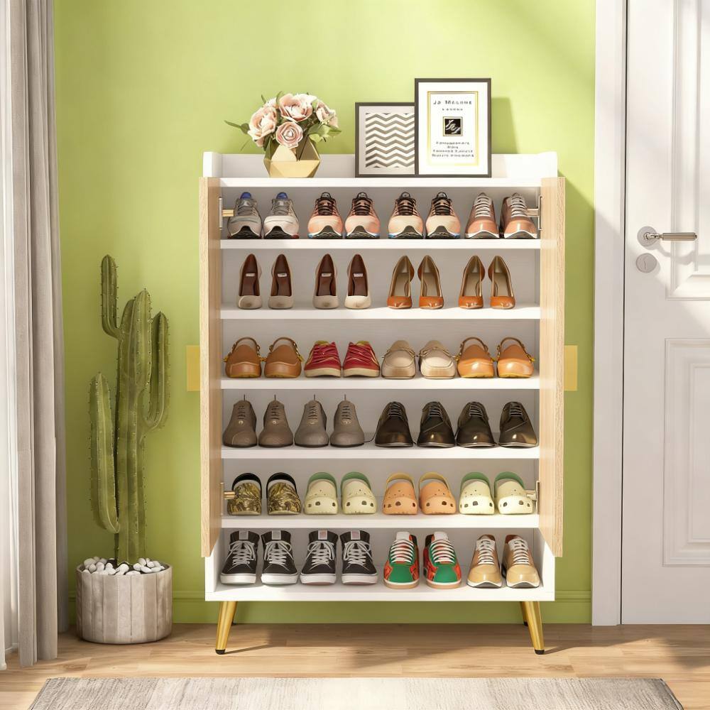 Alt View 2. TinyHomie - 7-Tier Shoe Storage Cabinet Wooden Shoe Cabinet - Natural and Gold.