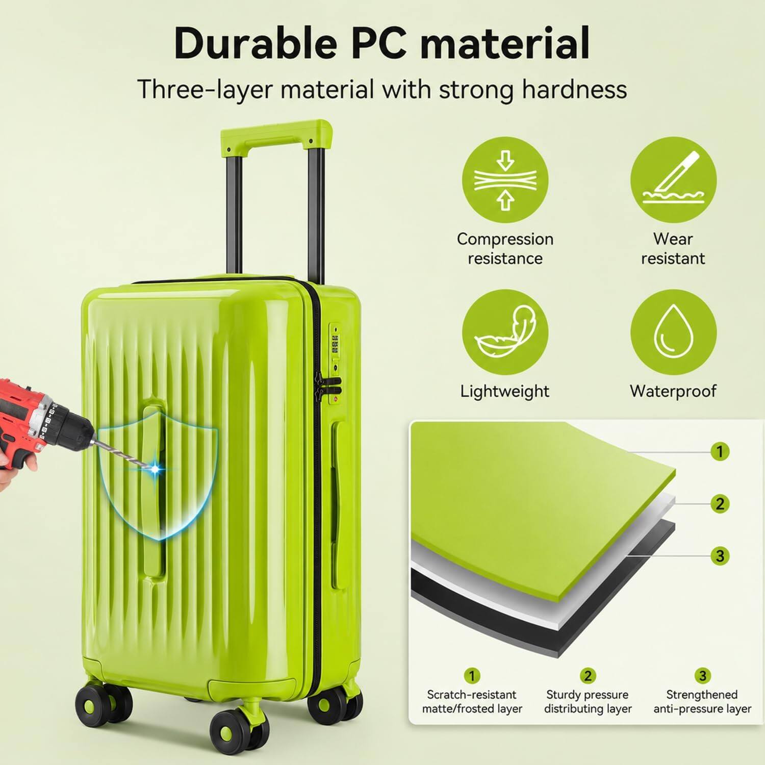 Durable PC material  
Three-layer material with strong hardness  
Compression resistance  
Wear resistant  
Lightweight  
Waterproof  
Scratch-resistant  
Sturdy pressure  
Strengthened matte/frosted layer  
Distributing layer  
Anti-pressure layer